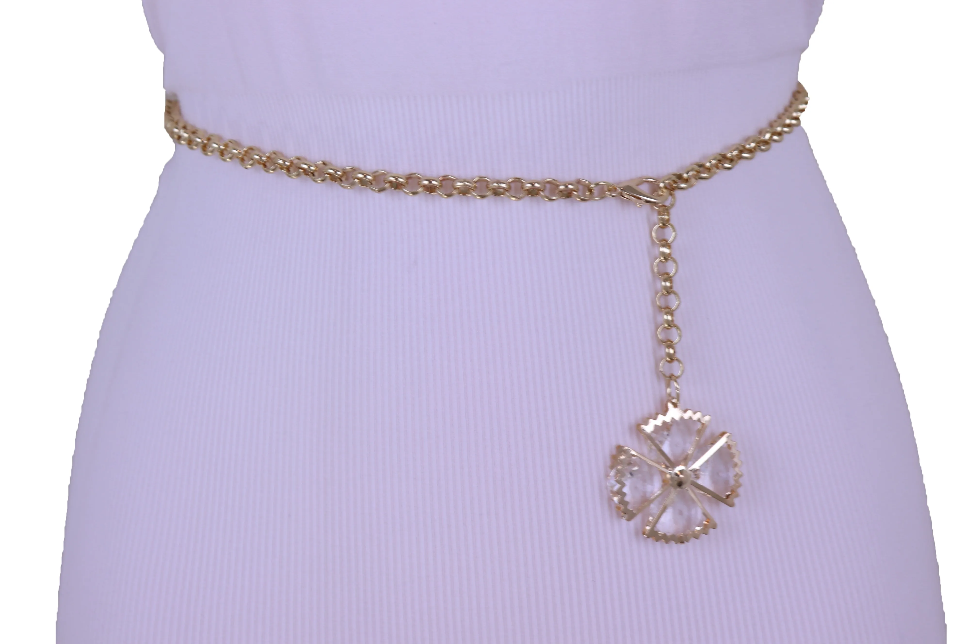 Dangle Flower Charm Skinny Gold Metal Chain Link Belt