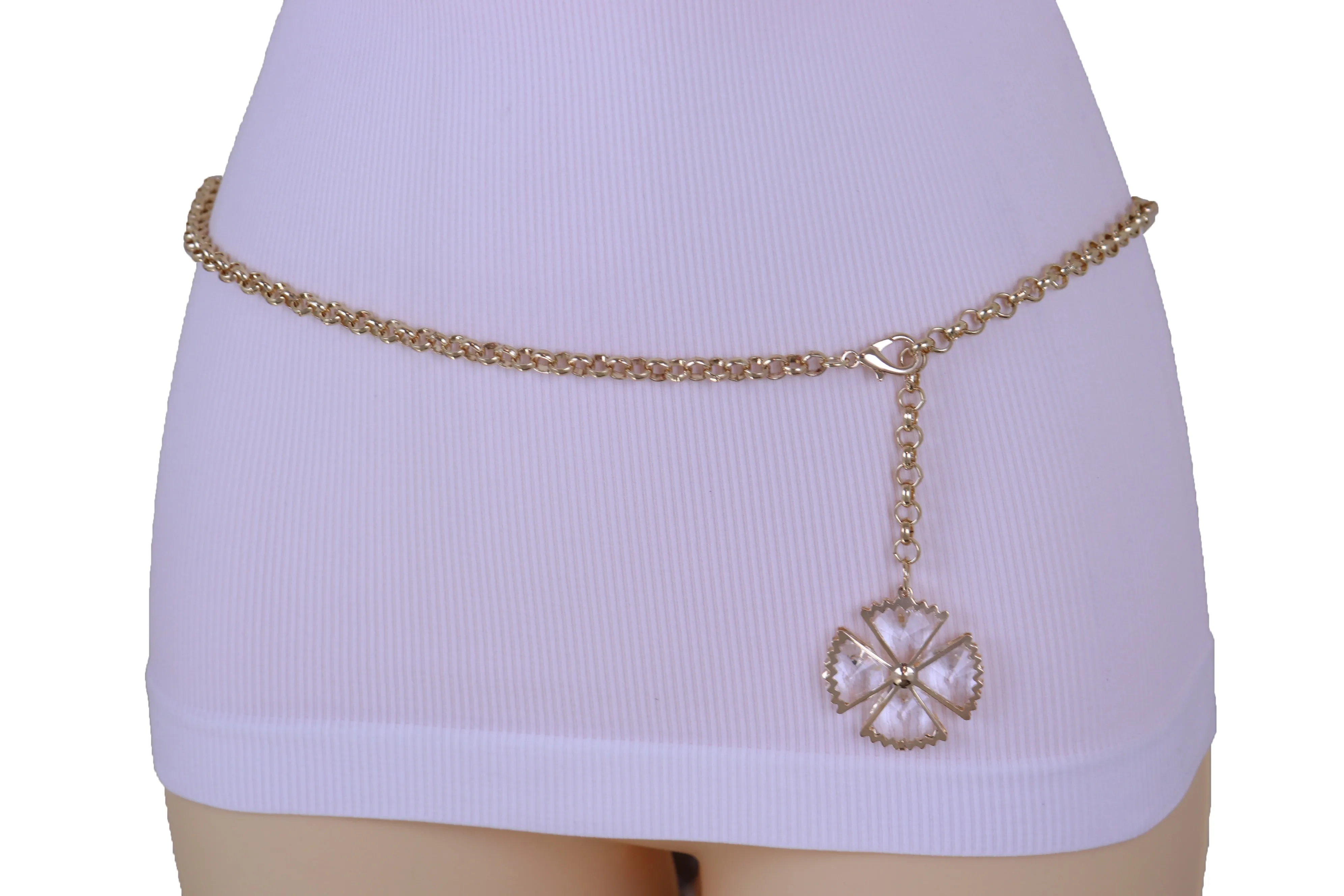 Dangle Flower Charm Skinny Gold Metal Chain Link Belt