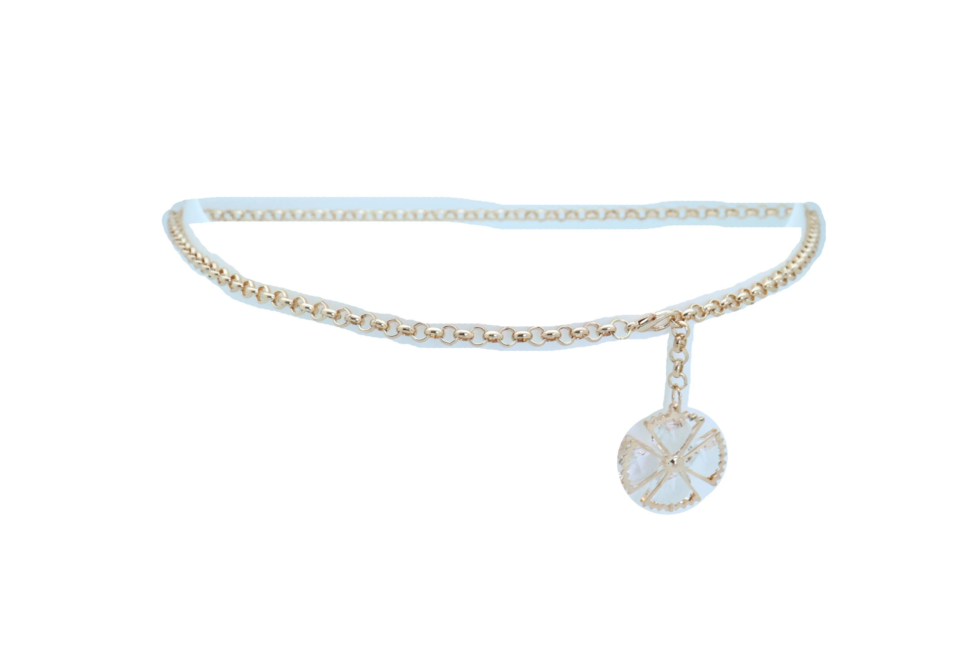 Dangle Flower Charm Skinny Gold Metal Chain Link Belt