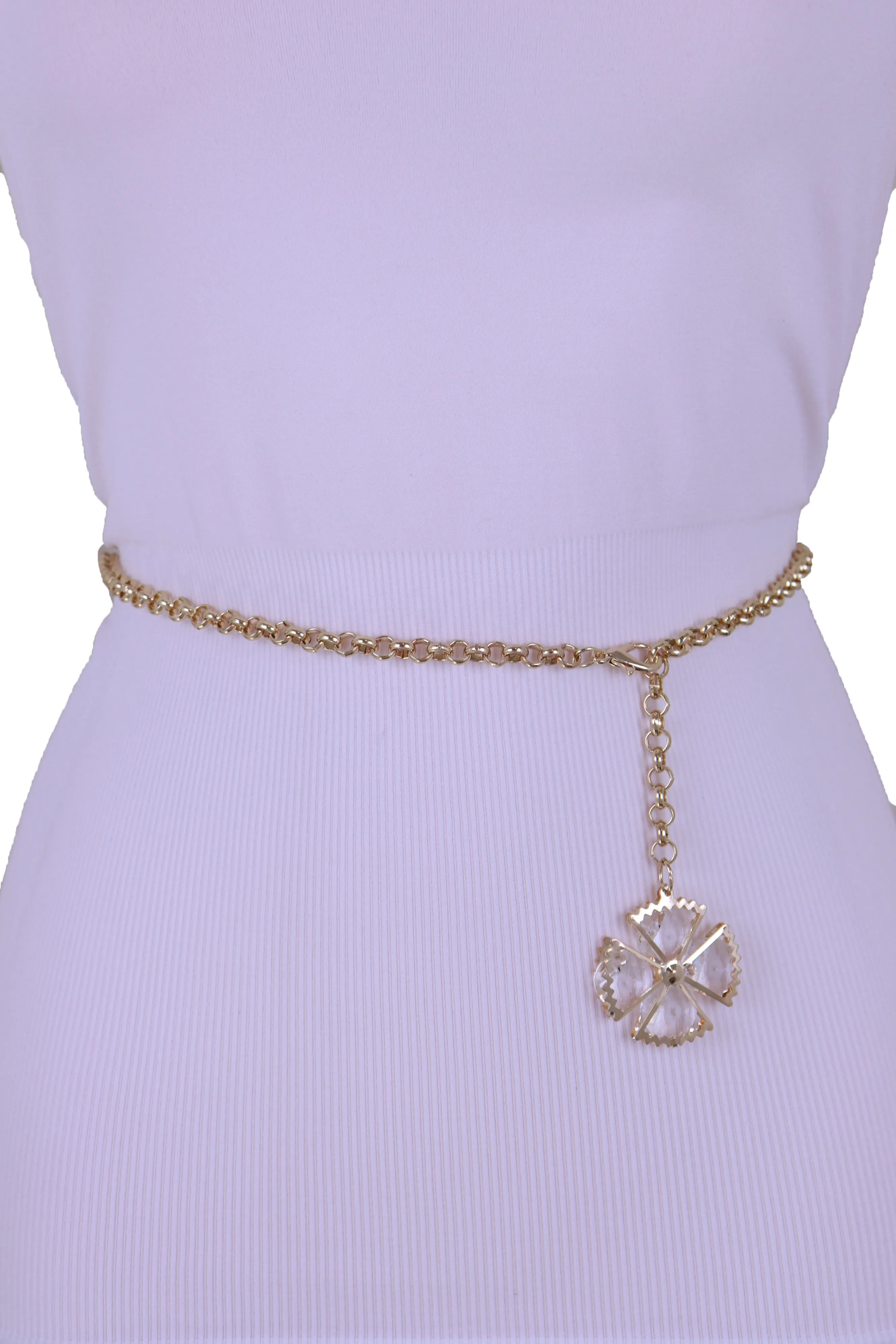 Dangle Flower Charm Skinny Gold Metal Chain Link Belt