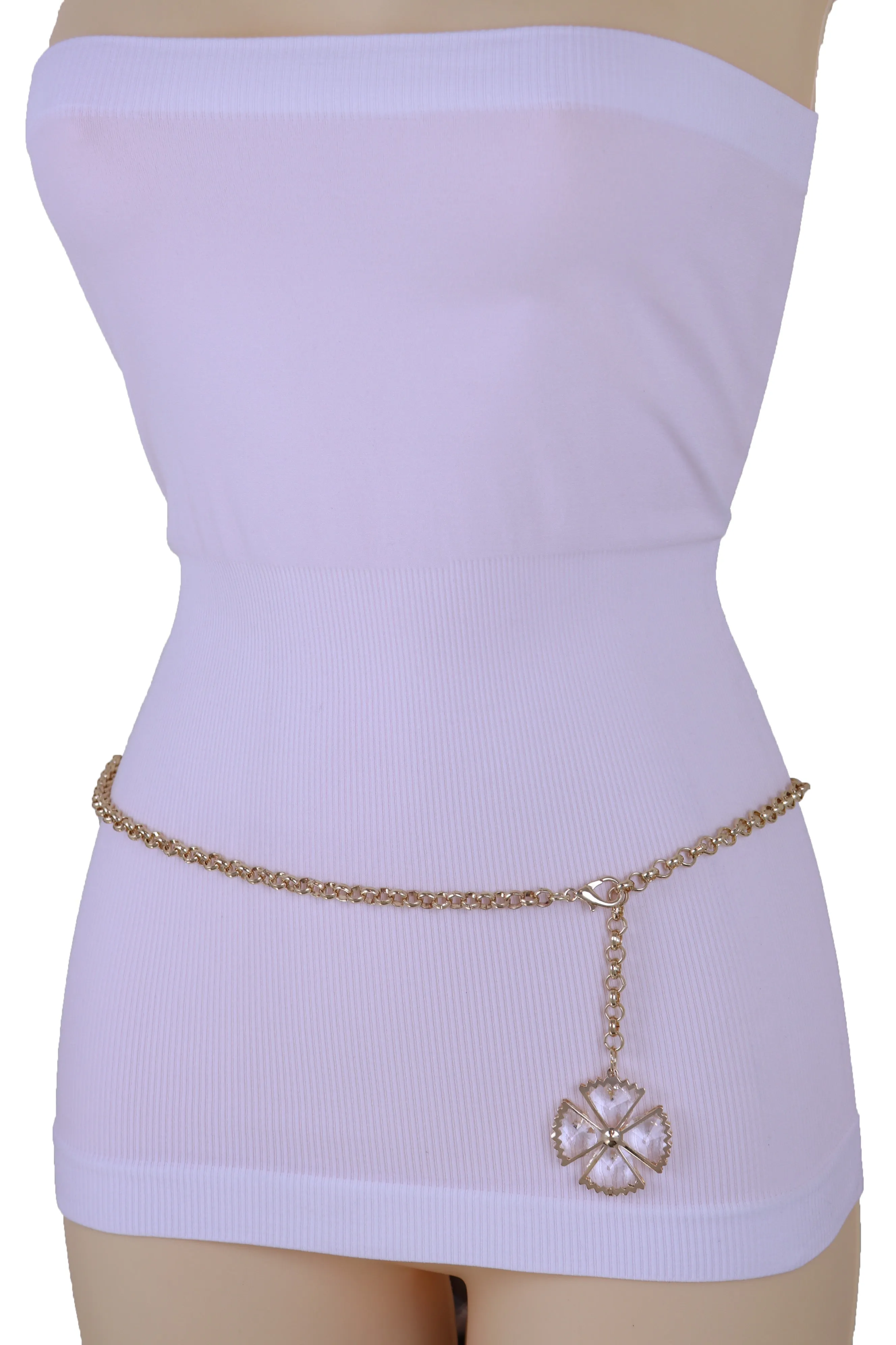 Dangle Flower Charm Skinny Gold Metal Chain Link Belt