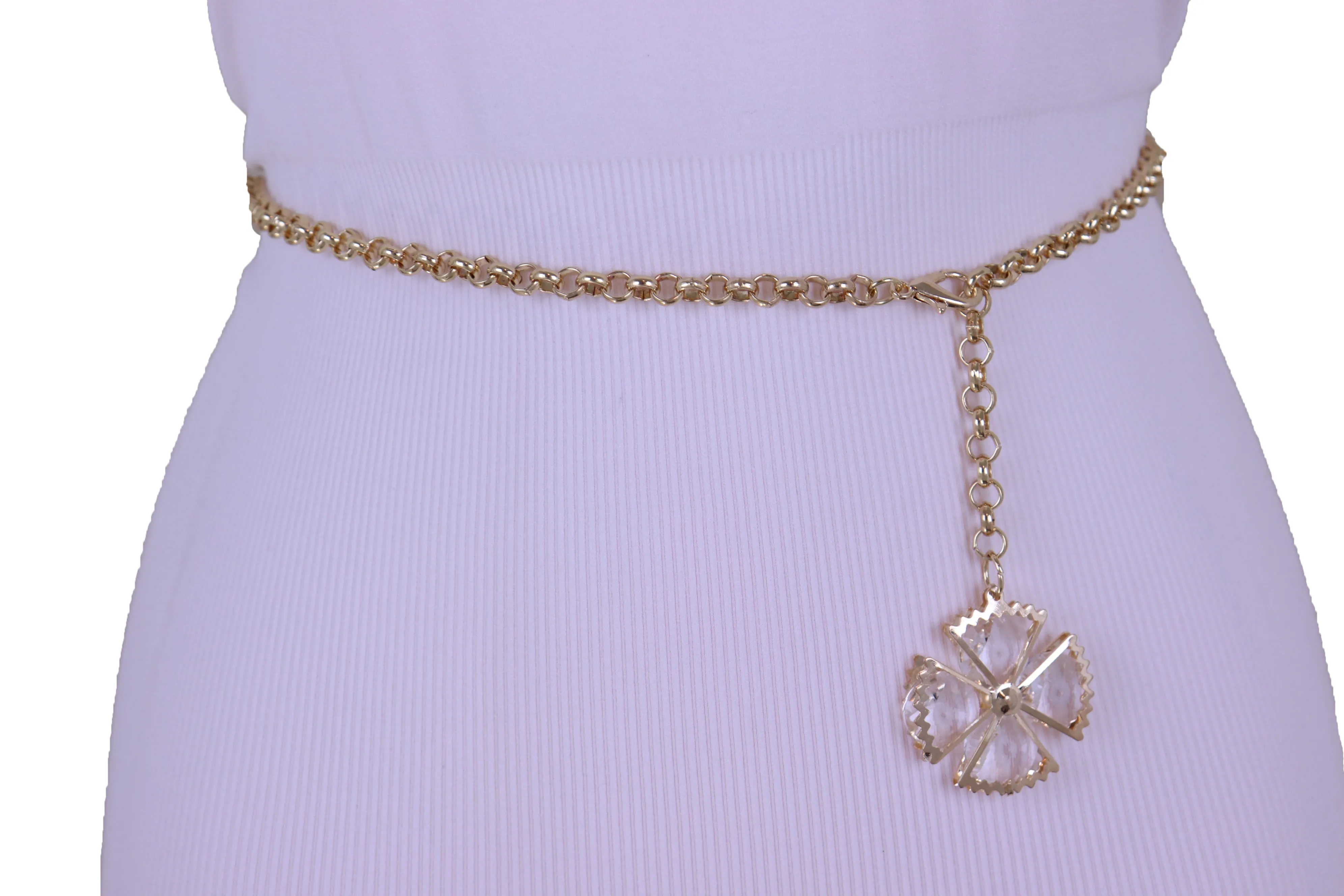Dangle Flower Charm Skinny Gold Metal Chain Link Belt