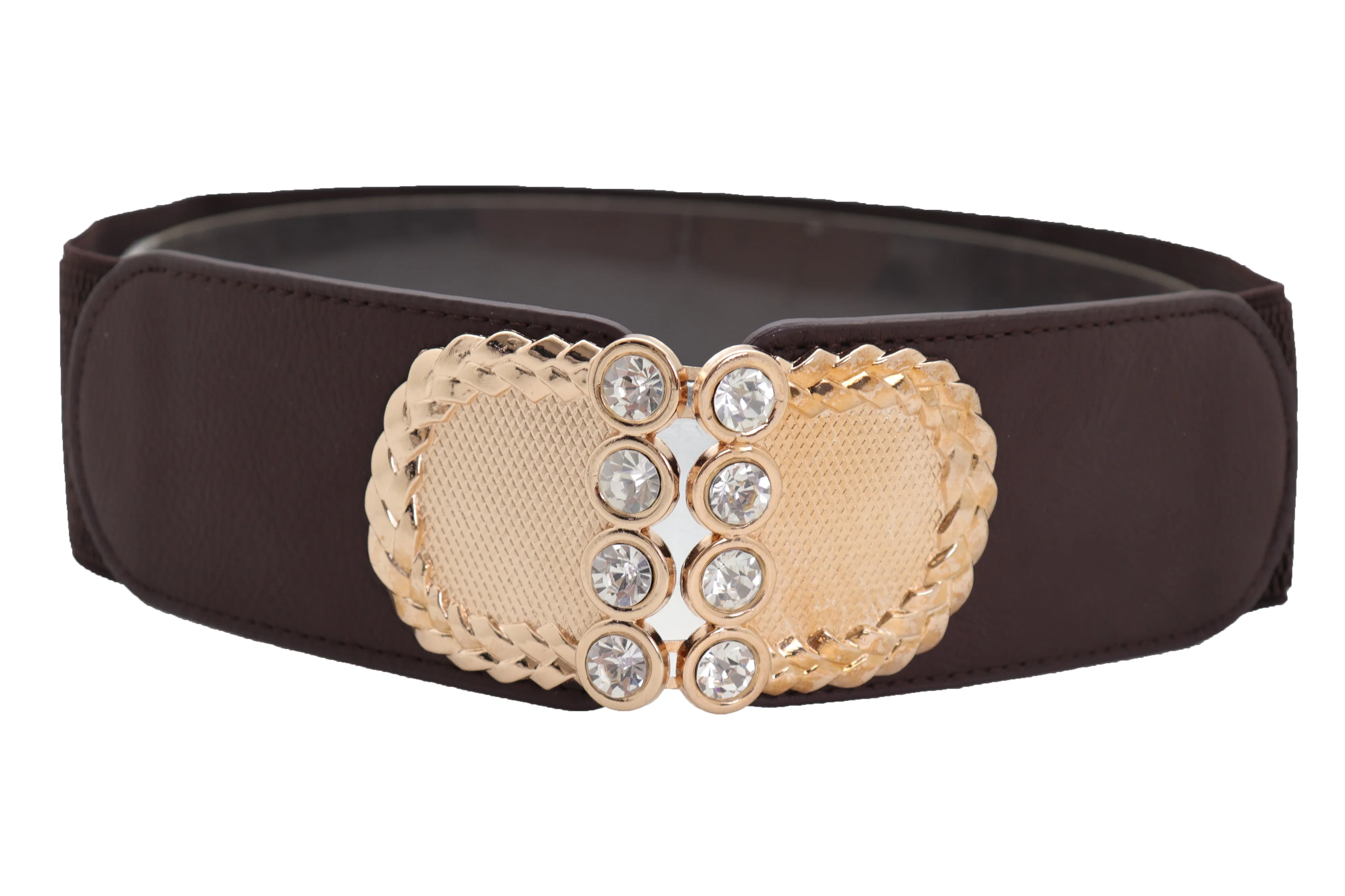 Dark Brown Elastic Fashion Belt Gold Metal Buckle S M