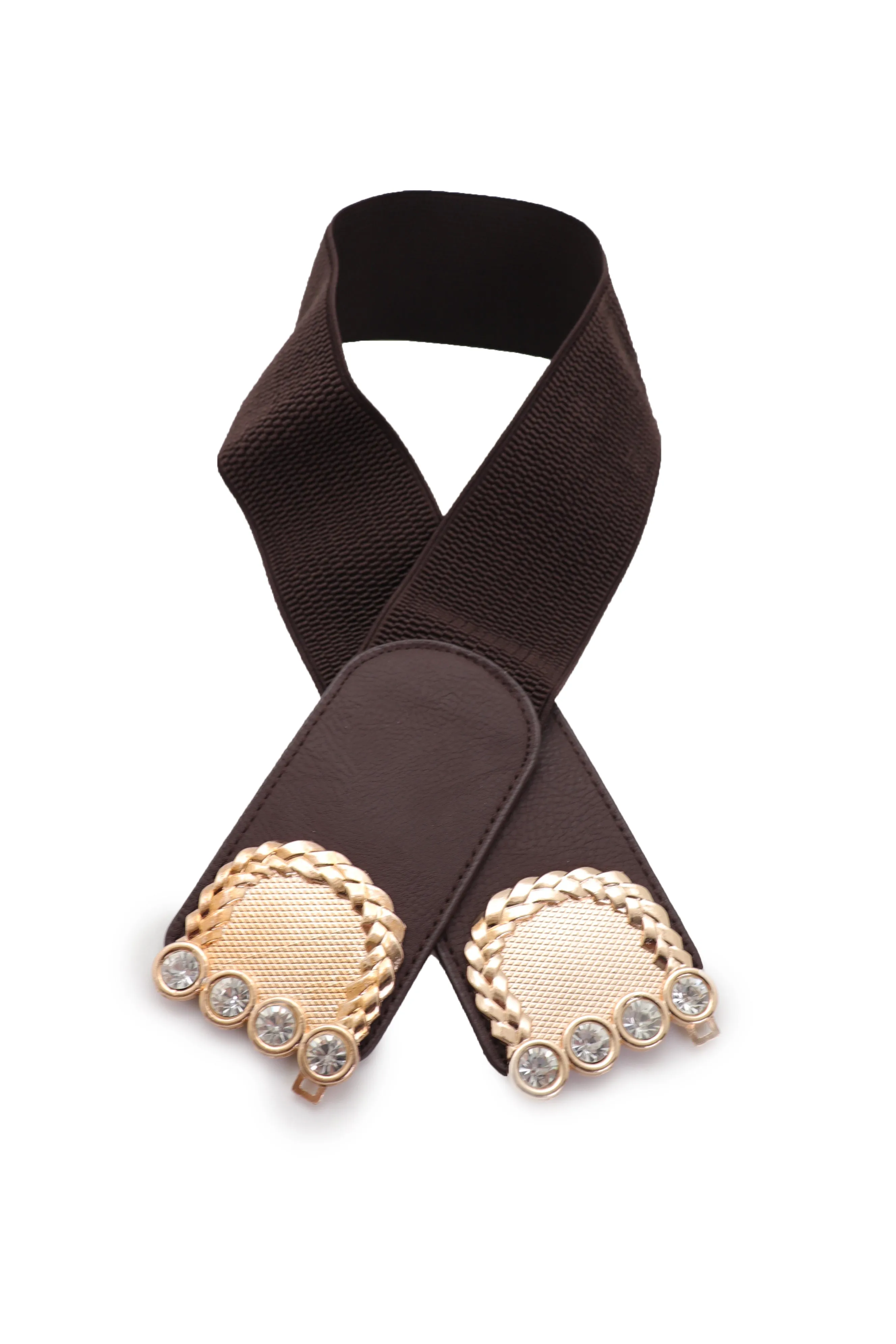 Dark Brown Elastic Fashion Belt Gold Metal Buckle S M