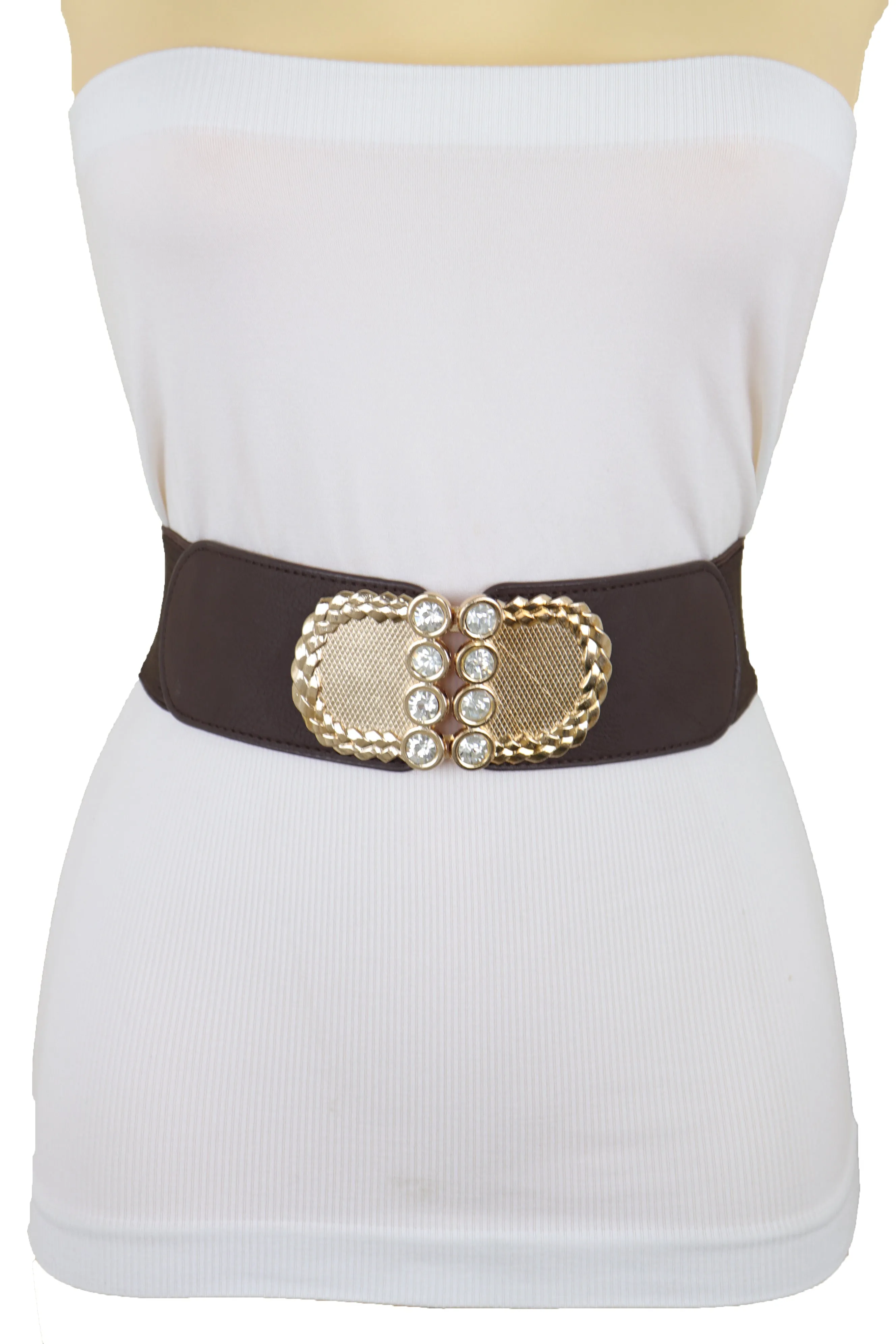 Dark Brown Elastic Fashion Belt Gold Metal Buckle S M