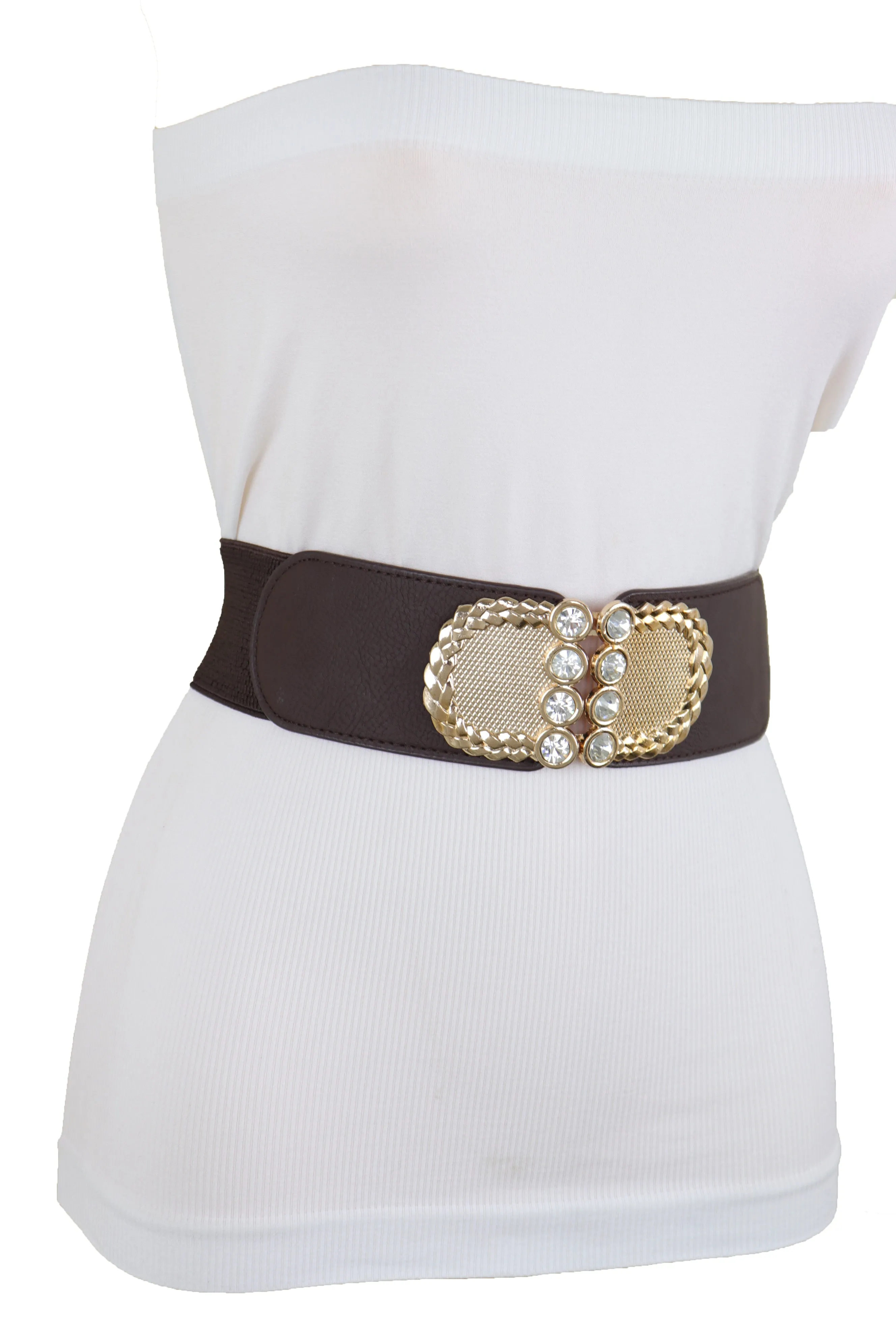 Dark Brown Elastic Fashion Belt Gold Metal Buckle S M