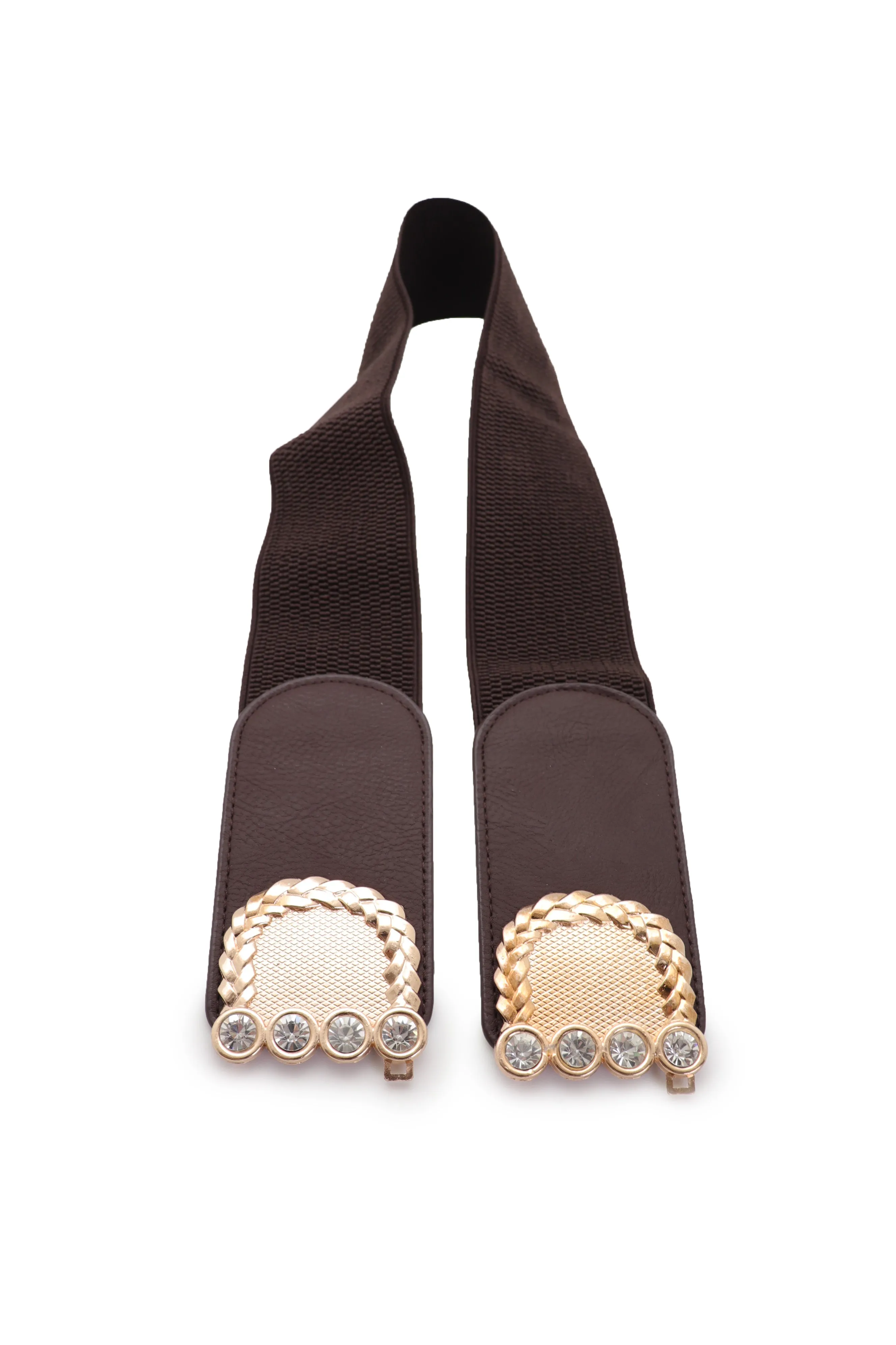 Dark Brown Elastic Fashion Belt Gold Metal Buckle S M