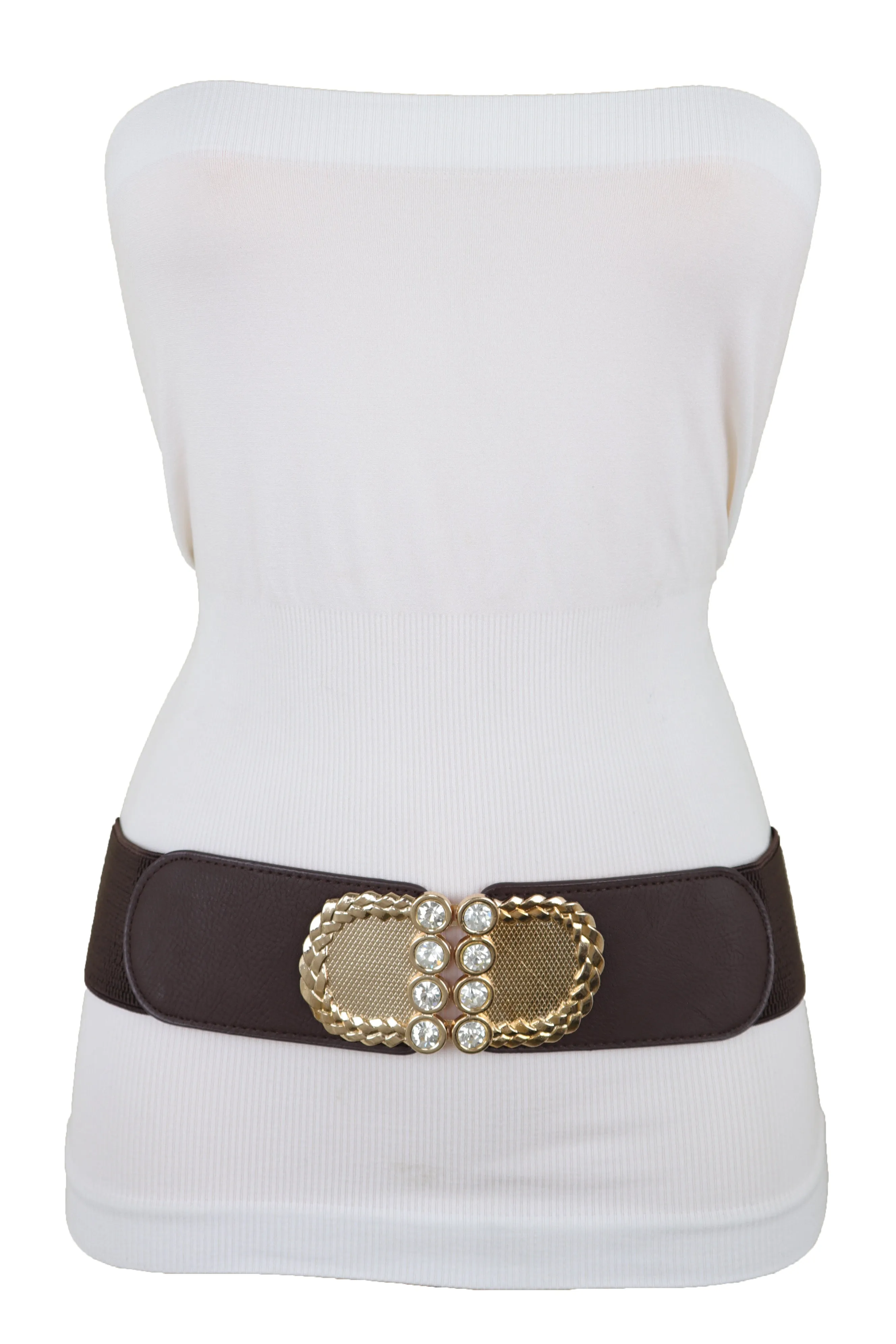 Dark Brown Elastic Fashion Belt Gold Metal Buckle S M