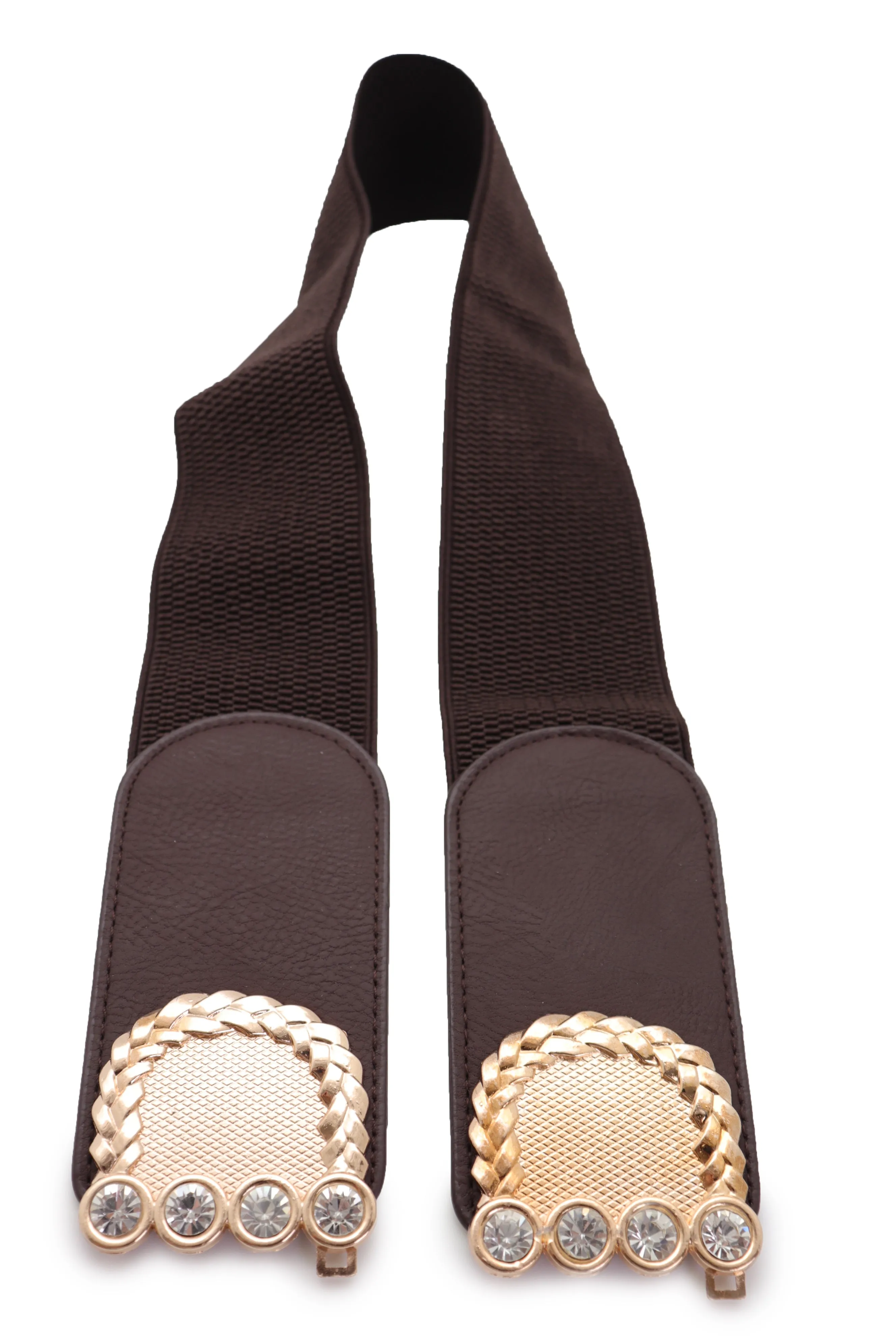 Dark Brown Elastic Fashion Belt Gold Metal Buckle S M