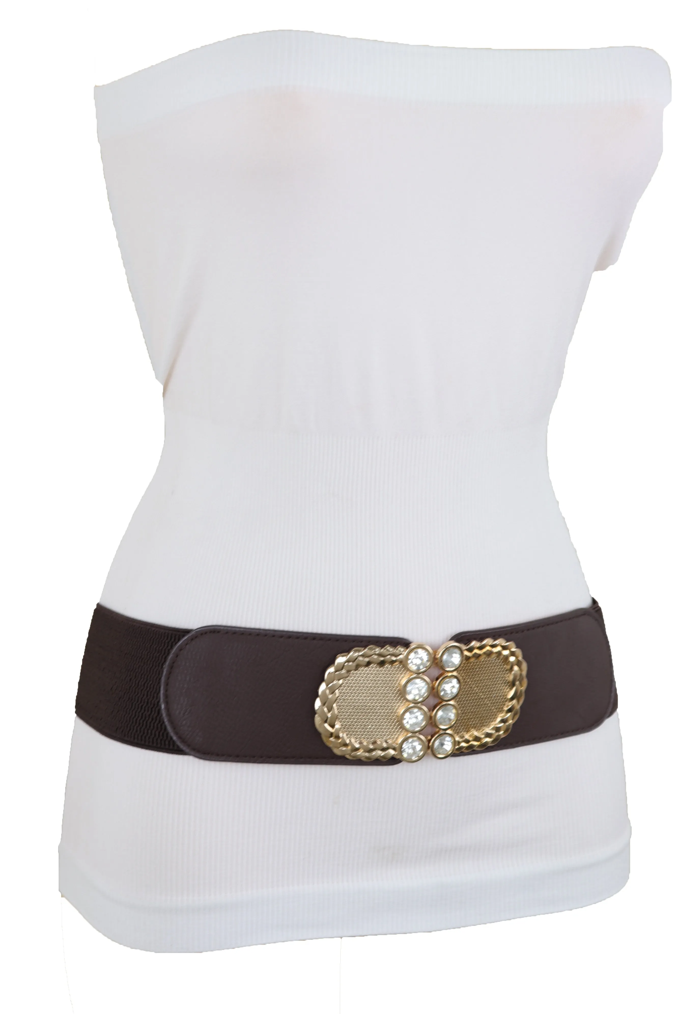 Dark Brown Elastic Fashion Belt Gold Metal Buckle S M