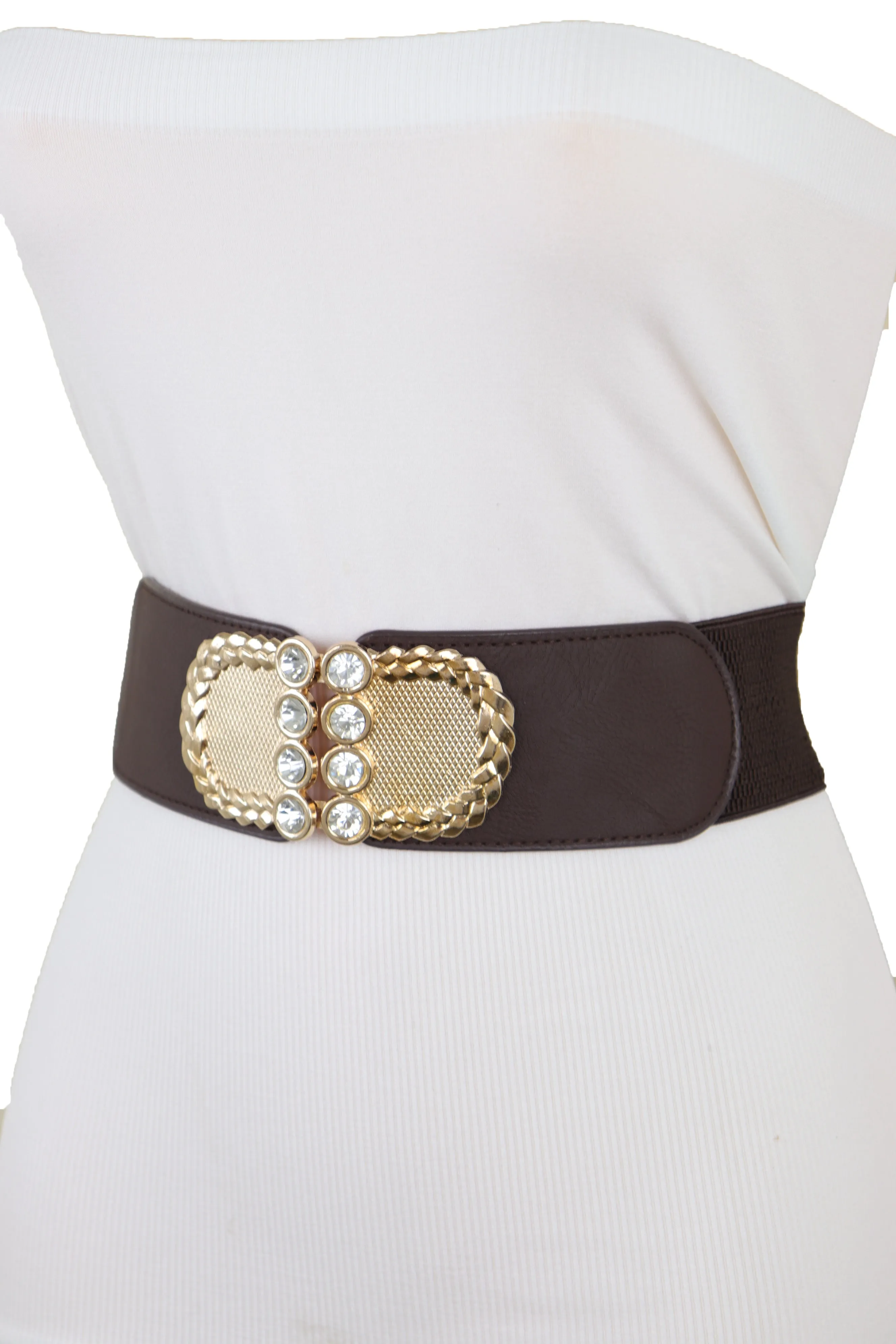 Dark Brown Elastic Fashion Belt Gold Metal Buckle S M