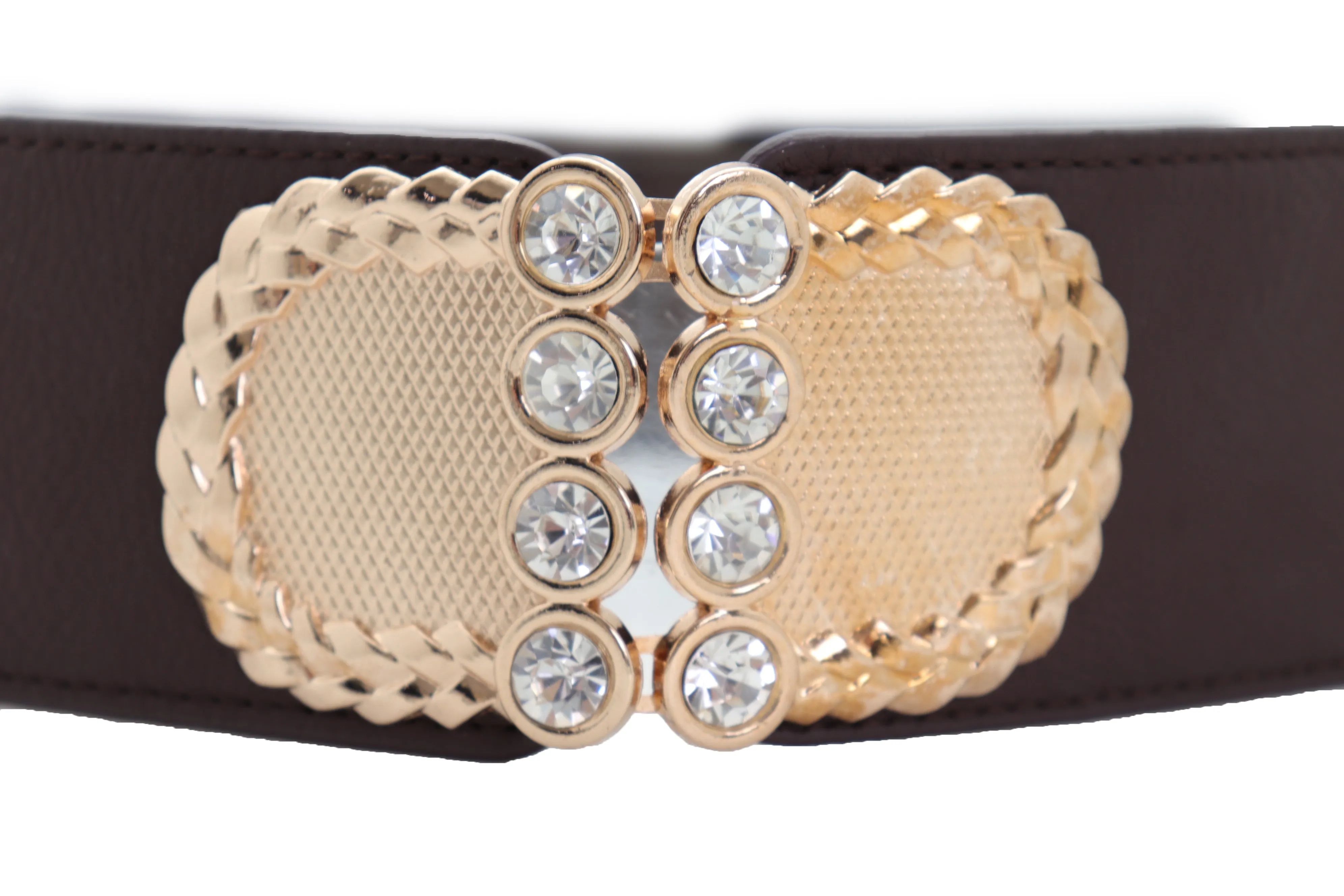 Dark Brown Elastic Fashion Belt Gold Metal Buckle S M