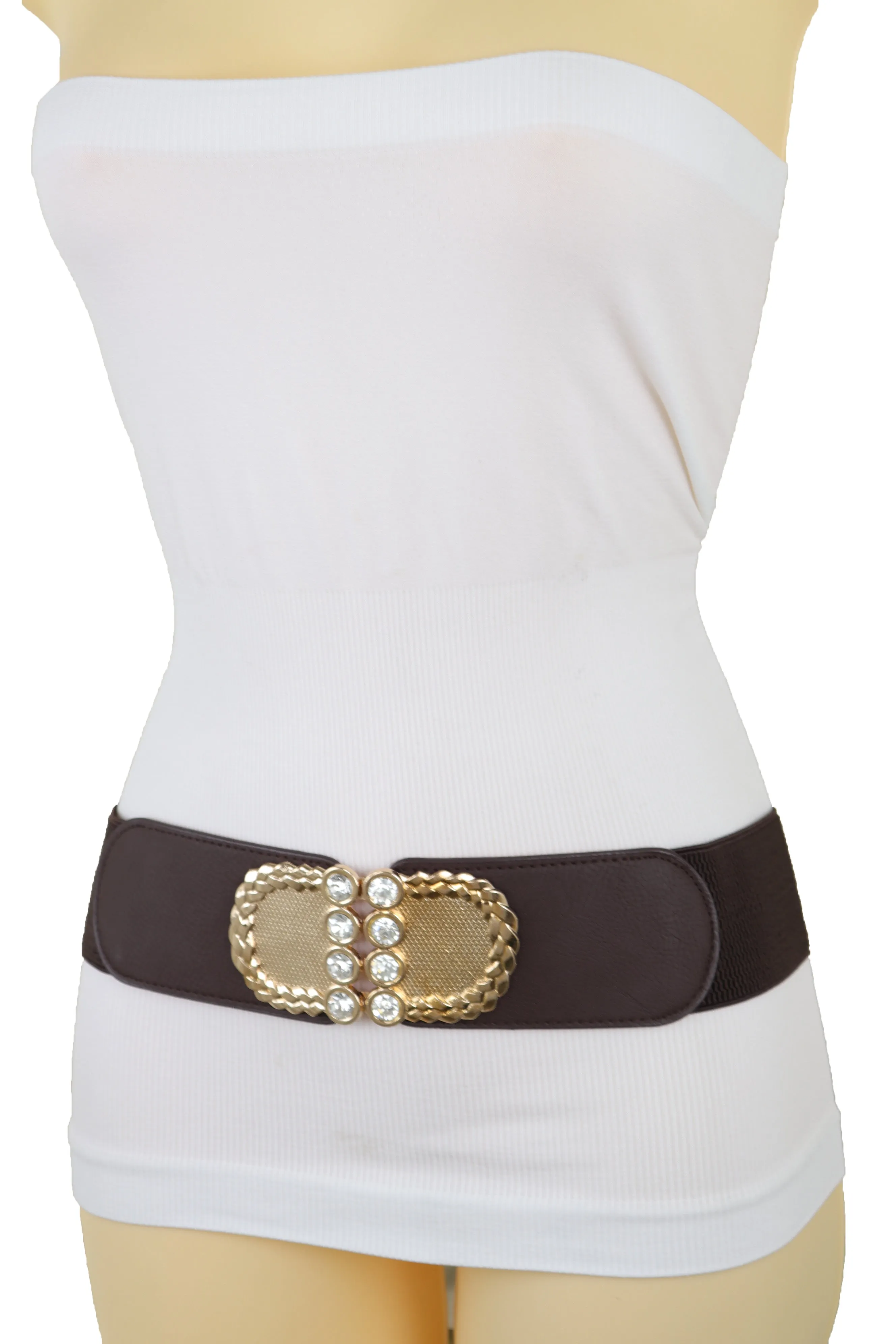 Dark Brown Elastic Fashion Belt Gold Metal Buckle S M