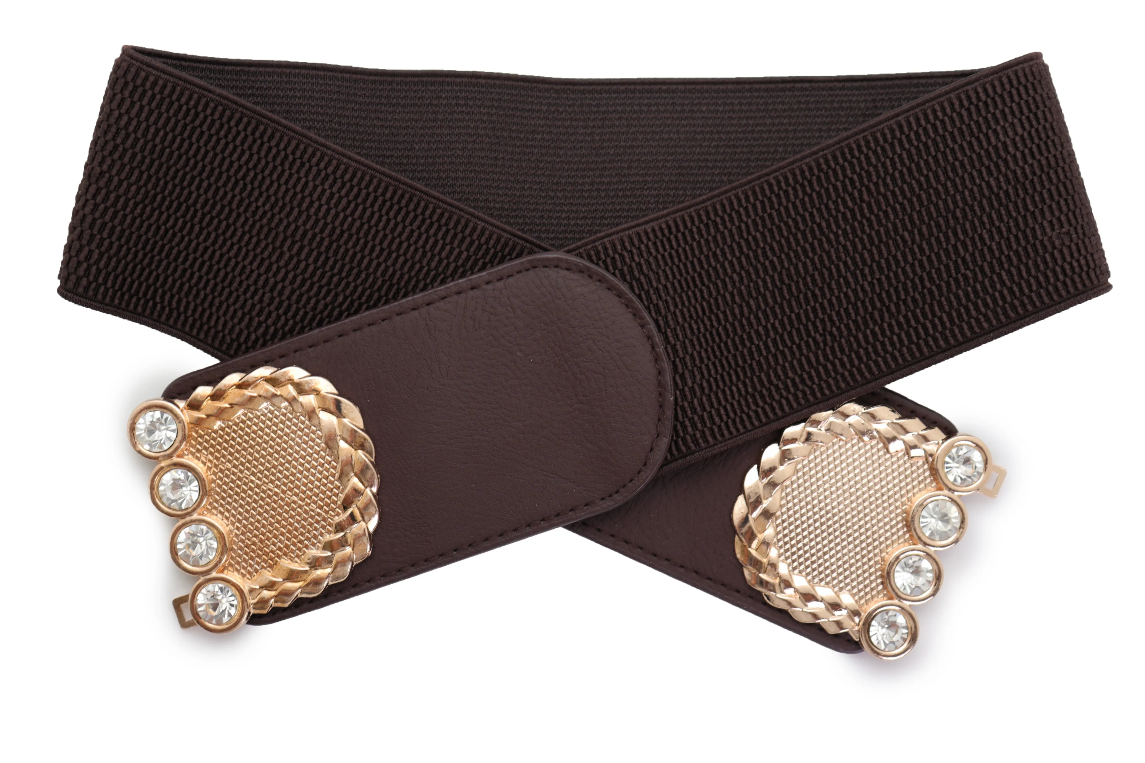Dark Brown Elastic Fashion Belt Gold Metal Buckle S M