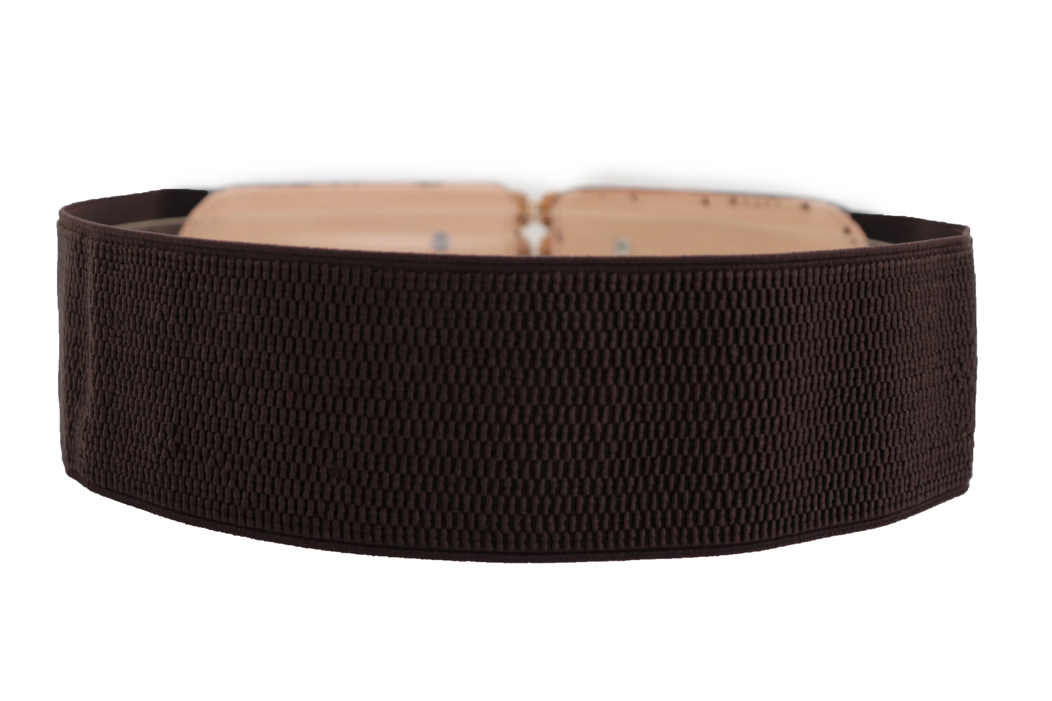 Dark Brown Elastic Fashion Belt Gold Metal Buckle S M
