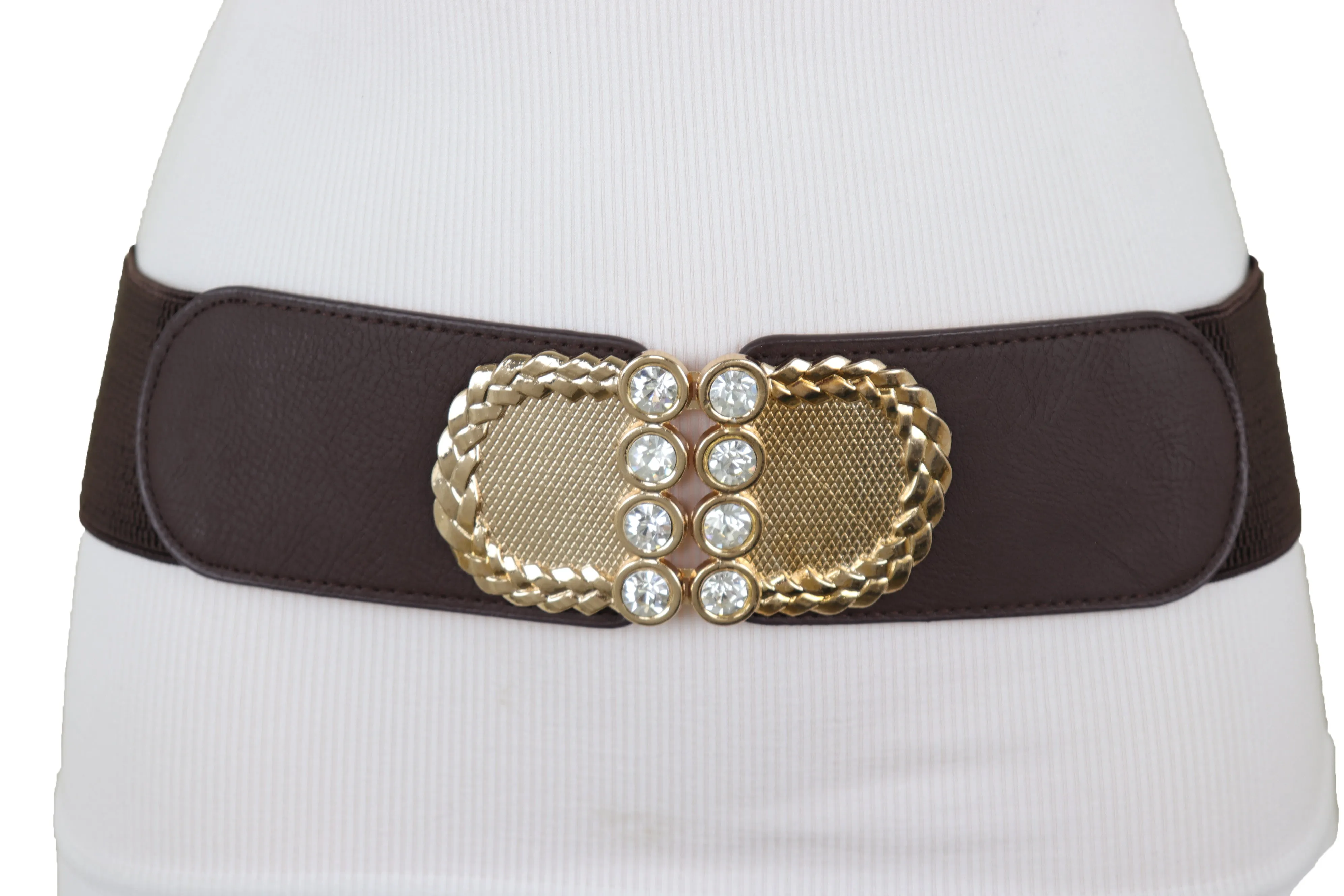 Dark Brown Elastic Fashion Belt Gold Metal Buckle S M