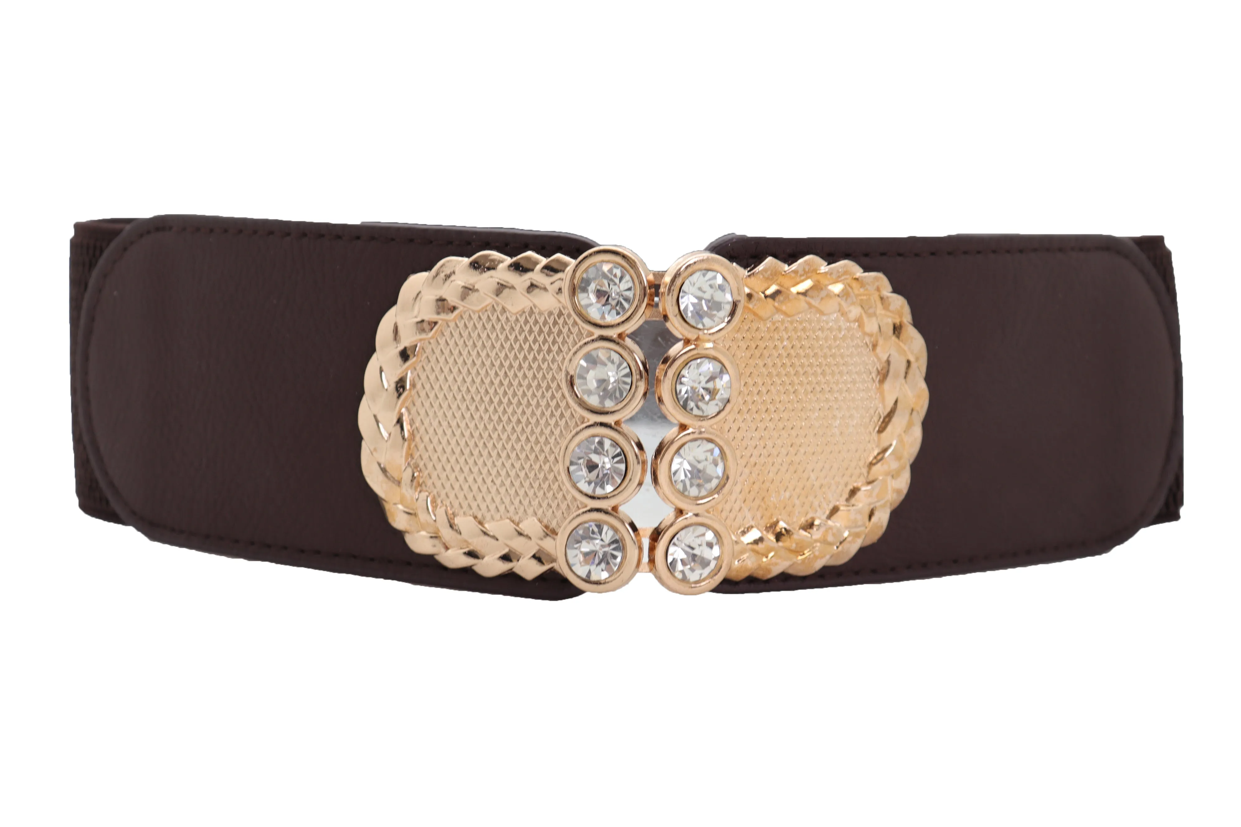 Dark Brown Elastic Fashion Belt Gold Metal Buckle S M