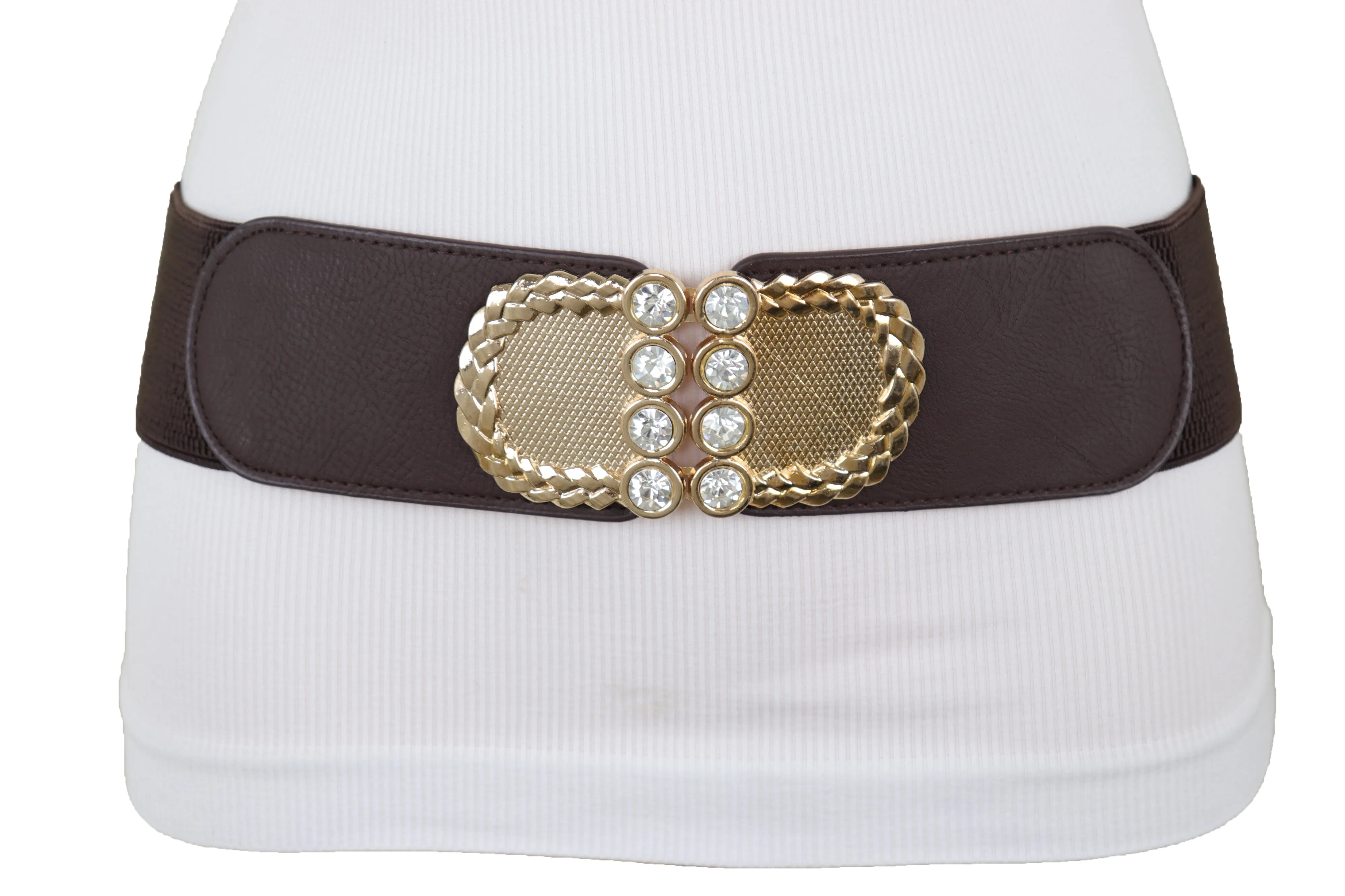 Dark Brown Elastic Fashion Belt Gold Metal Buckle S M