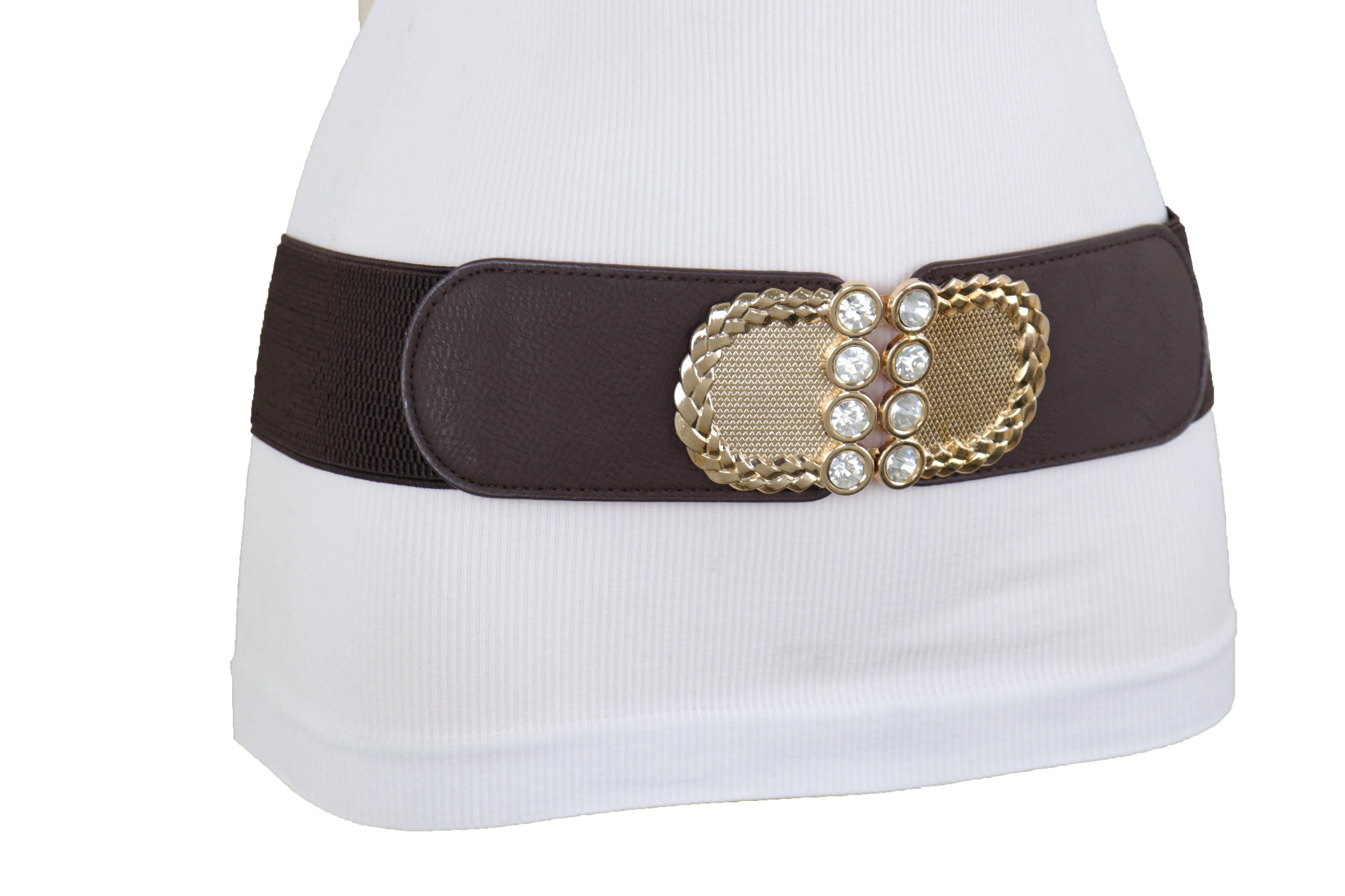Dark Brown Elastic Fashion Belt Gold Metal Buckle S M