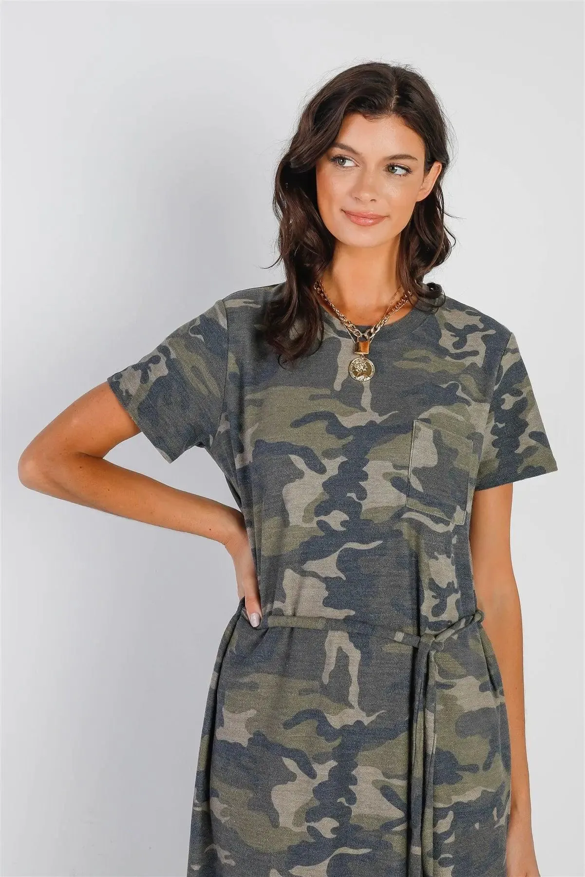 Dark Camo Self-Tie Belted Short Sleeve Midi Dress