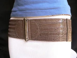 Dark Gray Faux Leather Crocodile Stamp Wide Belt Big Pewter Buckle Women XXS-M