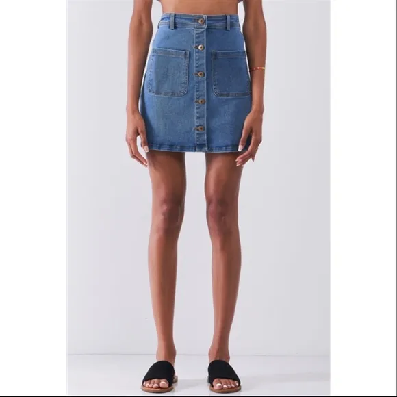 DENIM HIGH WAIST BUTTON FRONT JEAN MINI SKIRT