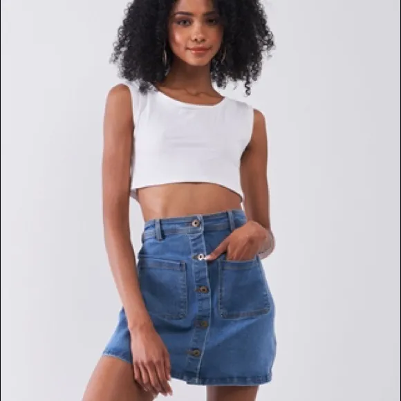 DENIM HIGH WAIST BUTTON FRONT JEAN MINI SKIRT