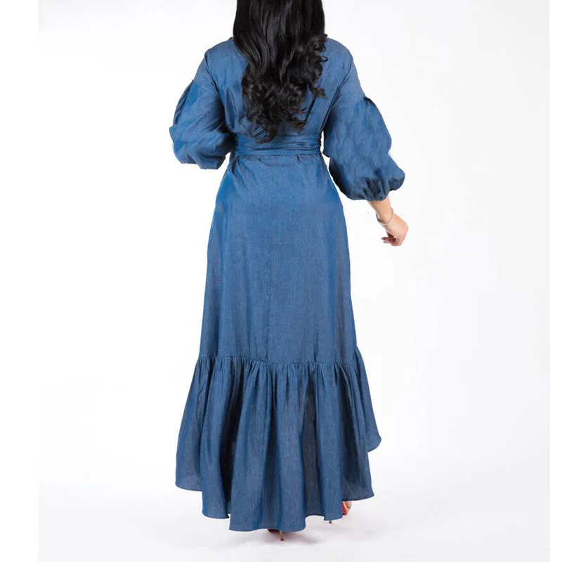 Denim V-Neck Long Puff Sleeve Ruffles Dress With Belt
