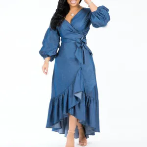 Denim V-Neck Long Puff Sleeve Ruffles Dress With Belt