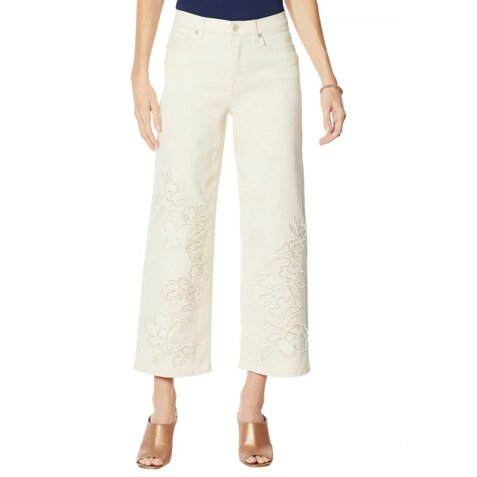 DG2 By Diane Gilman Plus Tall Embroidered Applique Wide Leg Jeans Cream 22W Tall