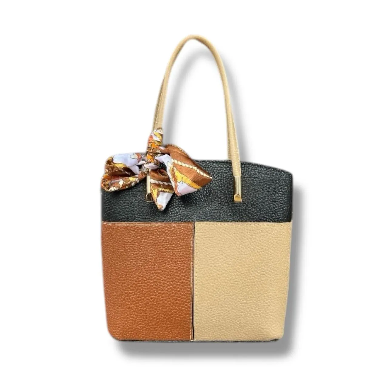 Elegant Patchwork Tote Bag With Scarf Accent