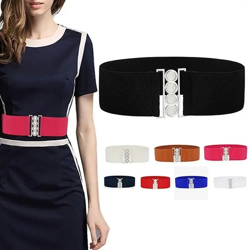 Elegant Wide Fabric Strap  Silver Metal Buckle Belts For Women Trendy Women's Fashion Stretchable Classic Color Belts