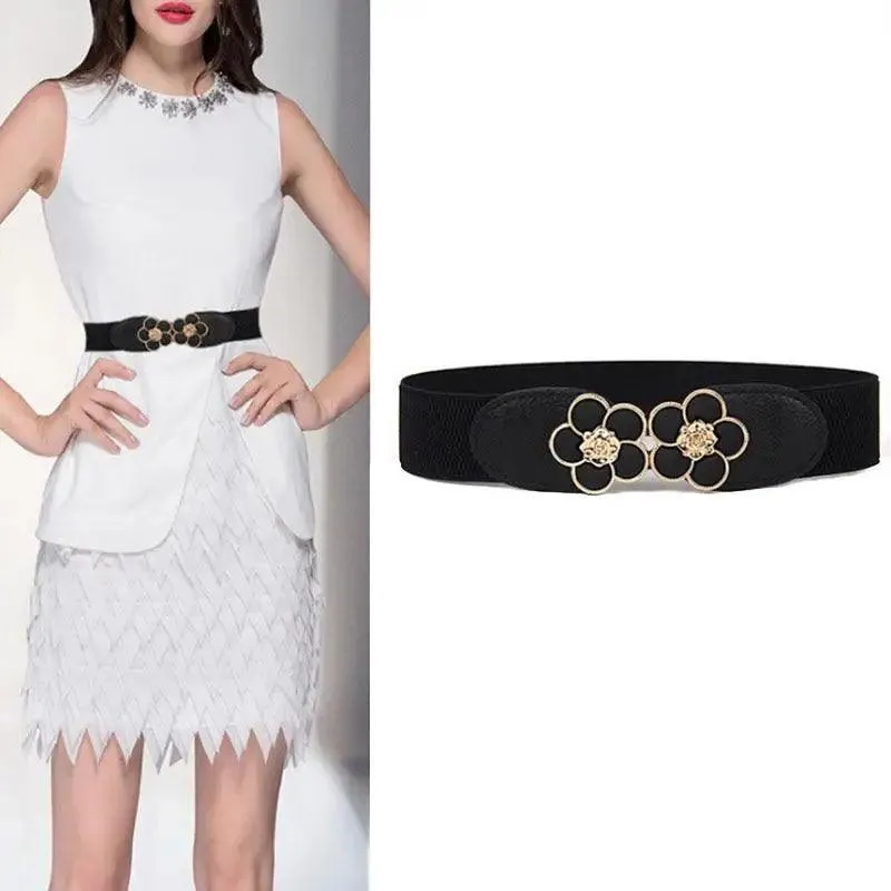 Elegant Wide Fabric Strap  Silver Metal Buckle Belts For Women Trendy Women's Fashion Stretchable Classic Color Belts
