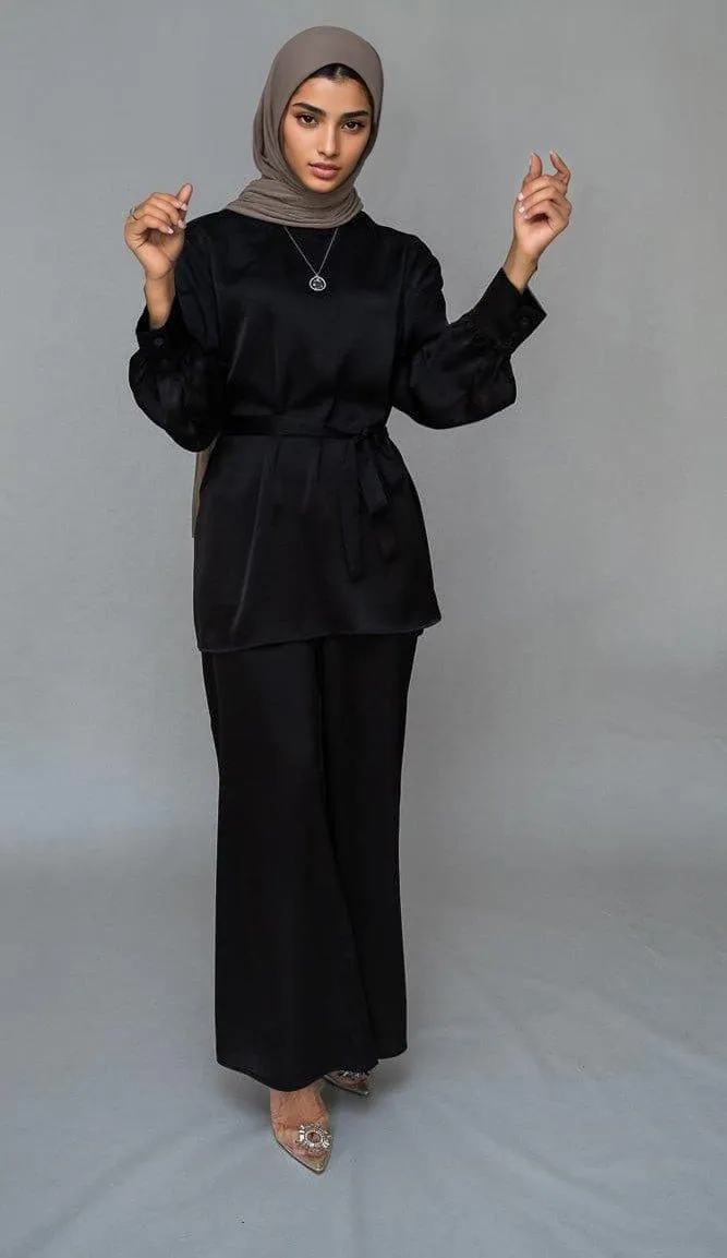 Elzara modest set with spanish cut pants and top petite sizes only in black