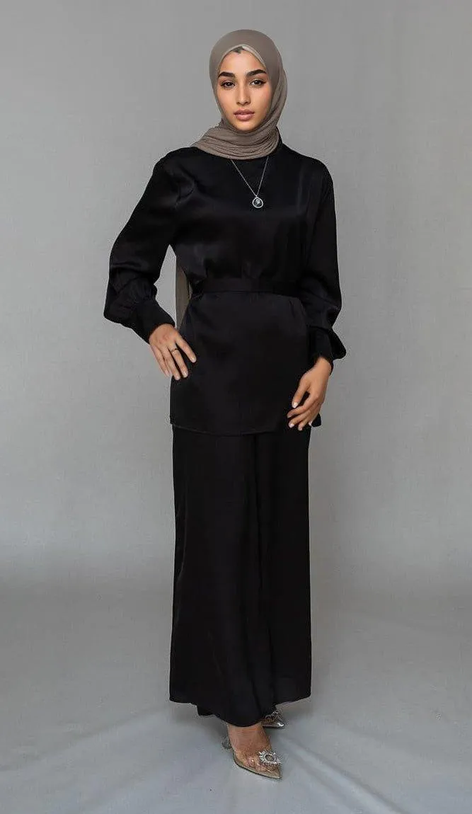 Elzara modest set with spanish cut pants and top petite sizes only in black