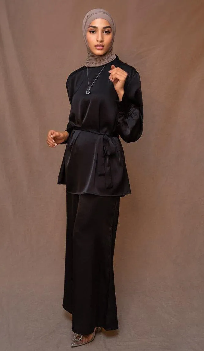 Elzara modest set with spanish cut pants and top petite sizes only in black