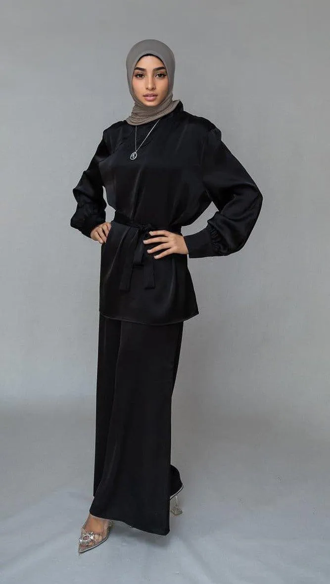 Elzara modest set with spanish cut pants and top petite sizes only in black