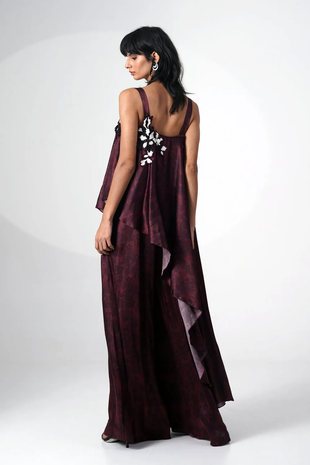 Embroidered Printed Jumpsuit With Scarf