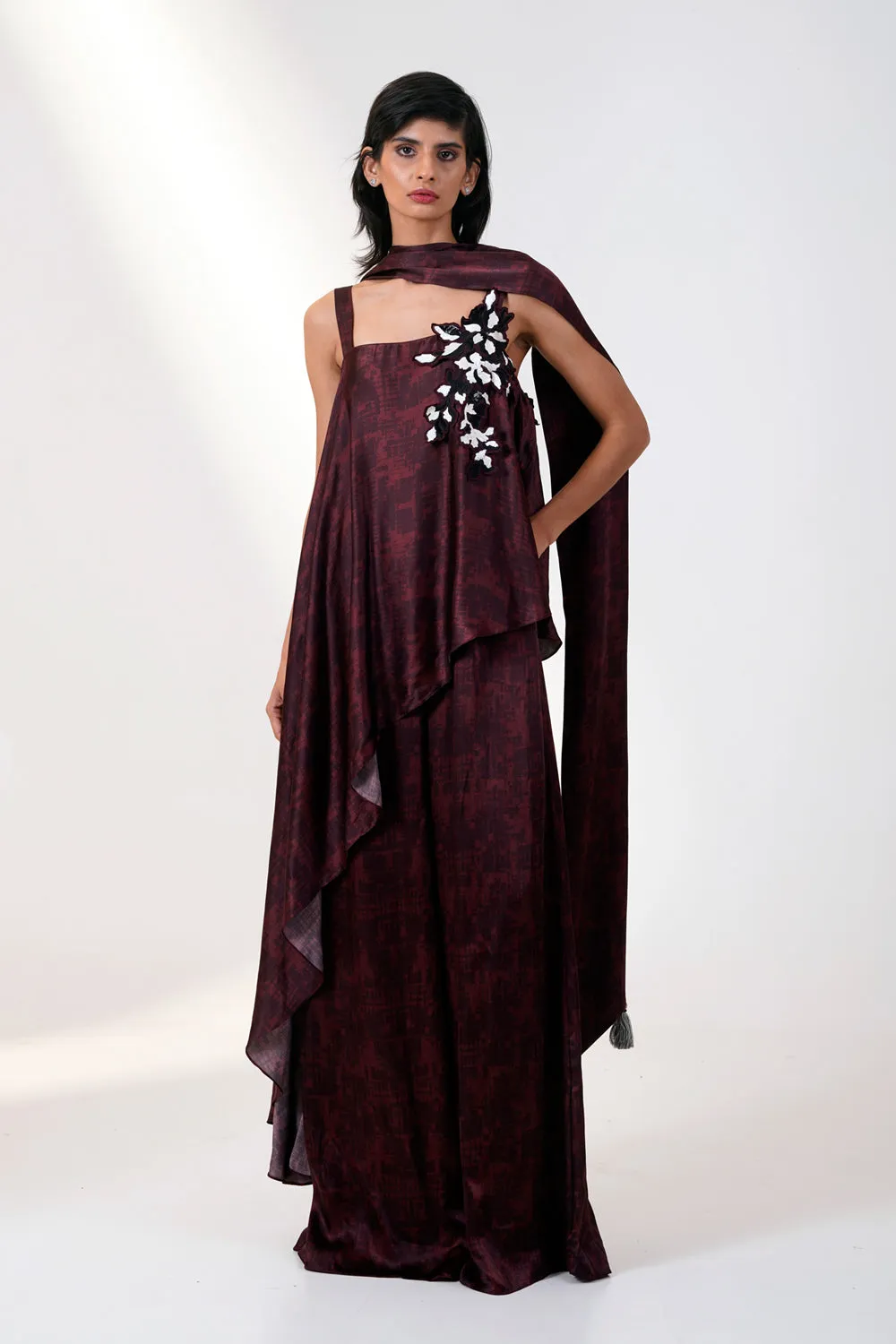 Embroidered Printed Jumpsuit With Scarf