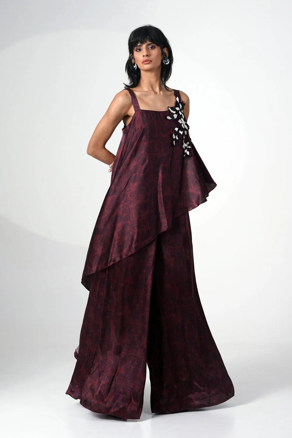 Embroidered Printed Jumpsuit With Scarf