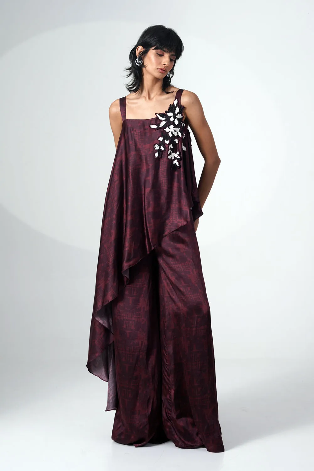 Embroidered Printed Jumpsuit With Scarf