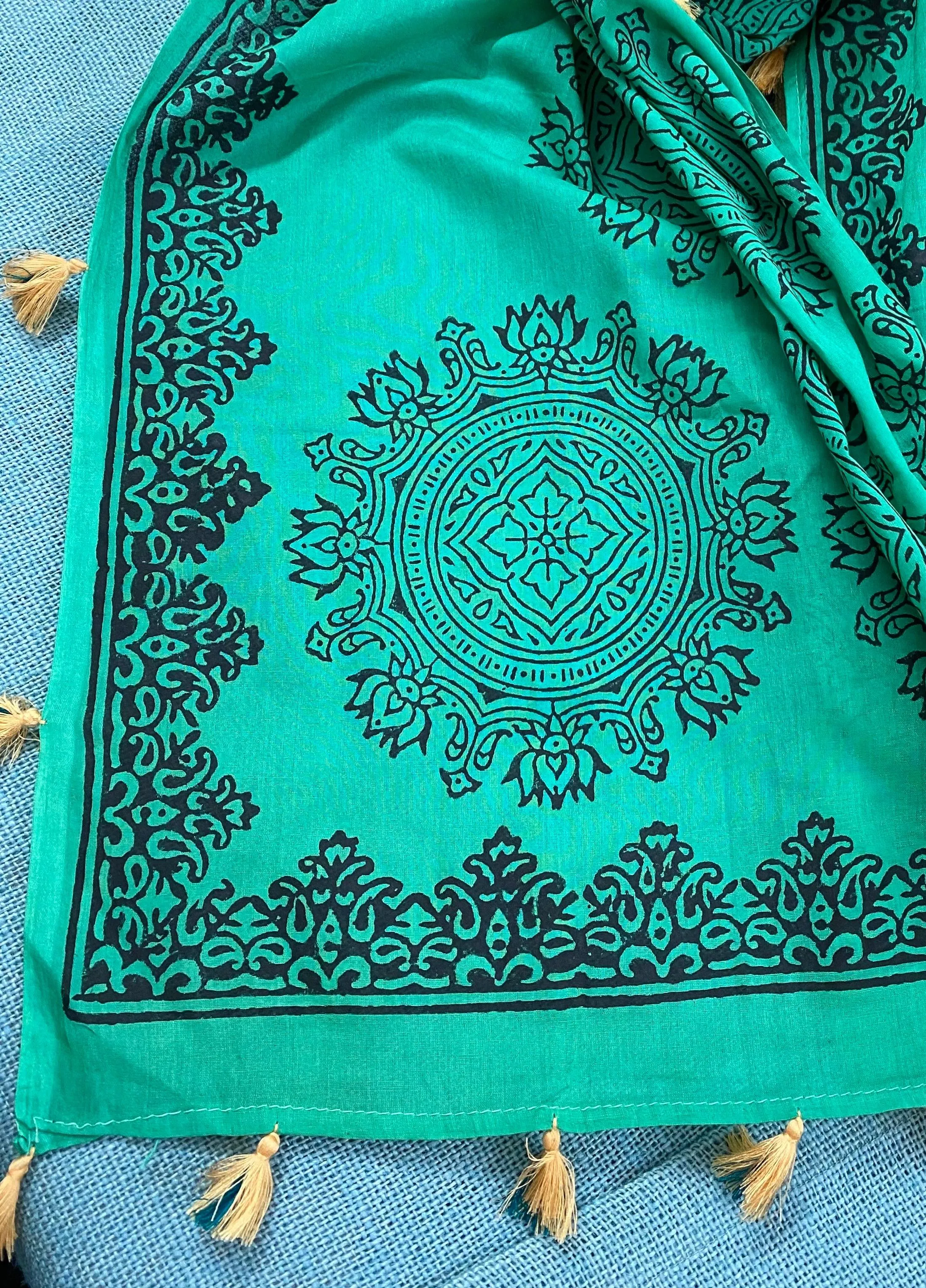 Emerald Elegance Block Printed Muslin Scarf