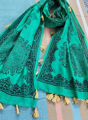 Emerald Elegance Block Printed Muslin Scarf