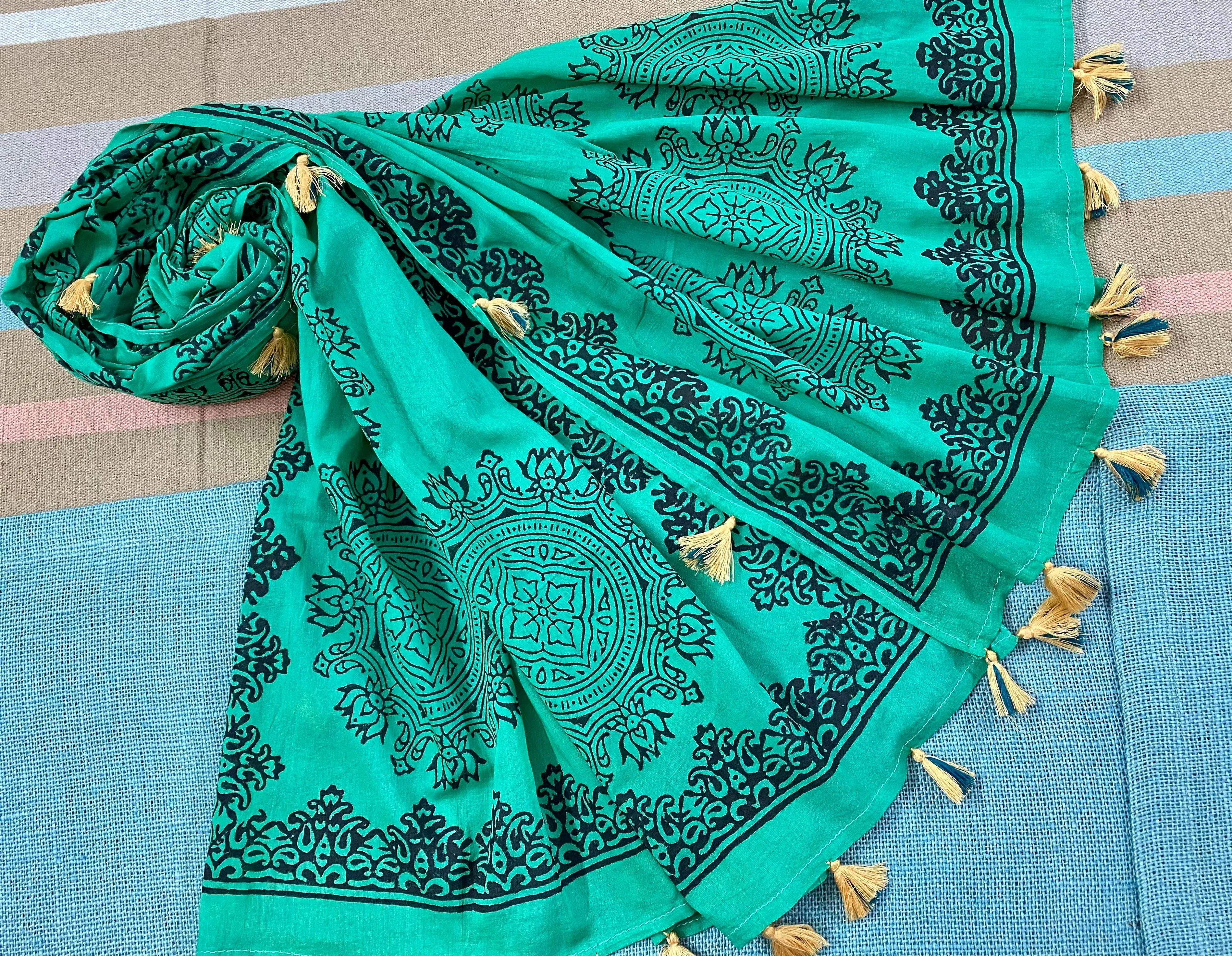 Emerald Elegance Block Printed Muslin Scarf
