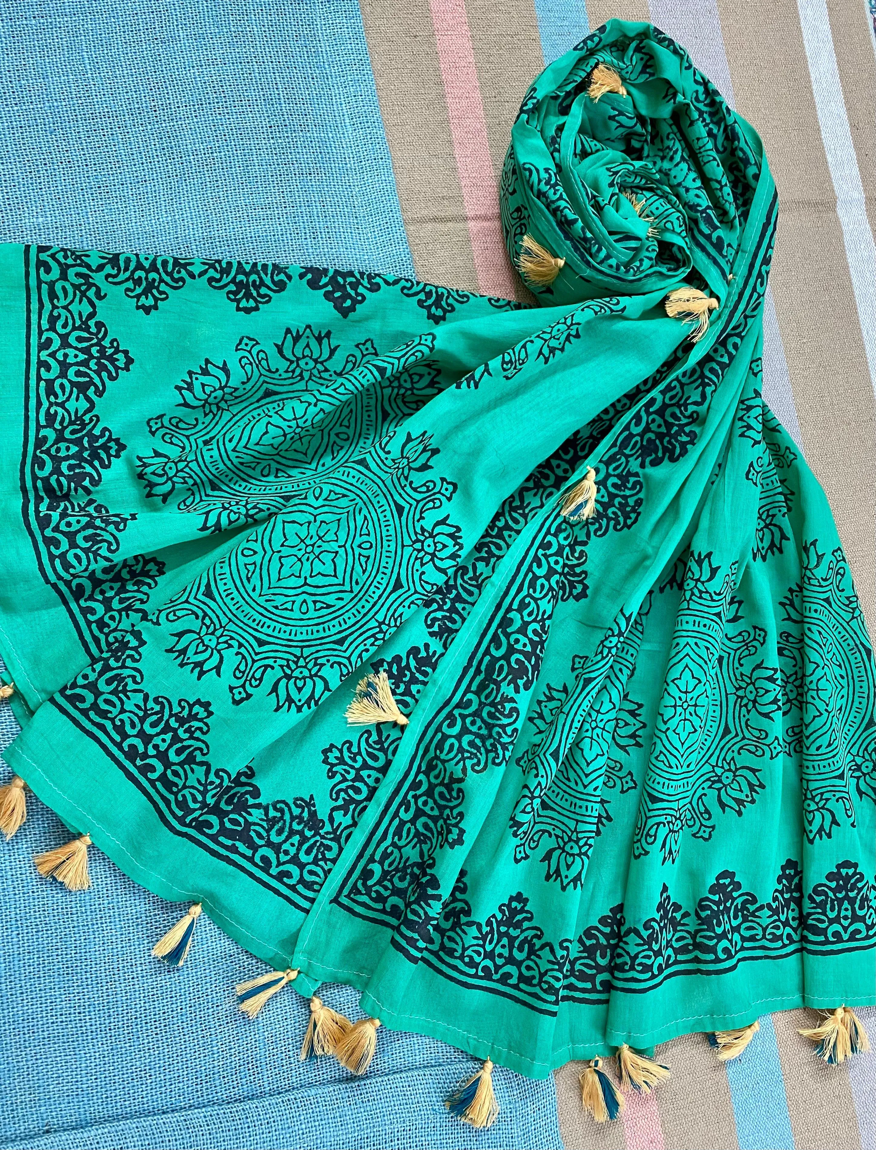 Emerald Elegance Block Printed Muslin Scarf