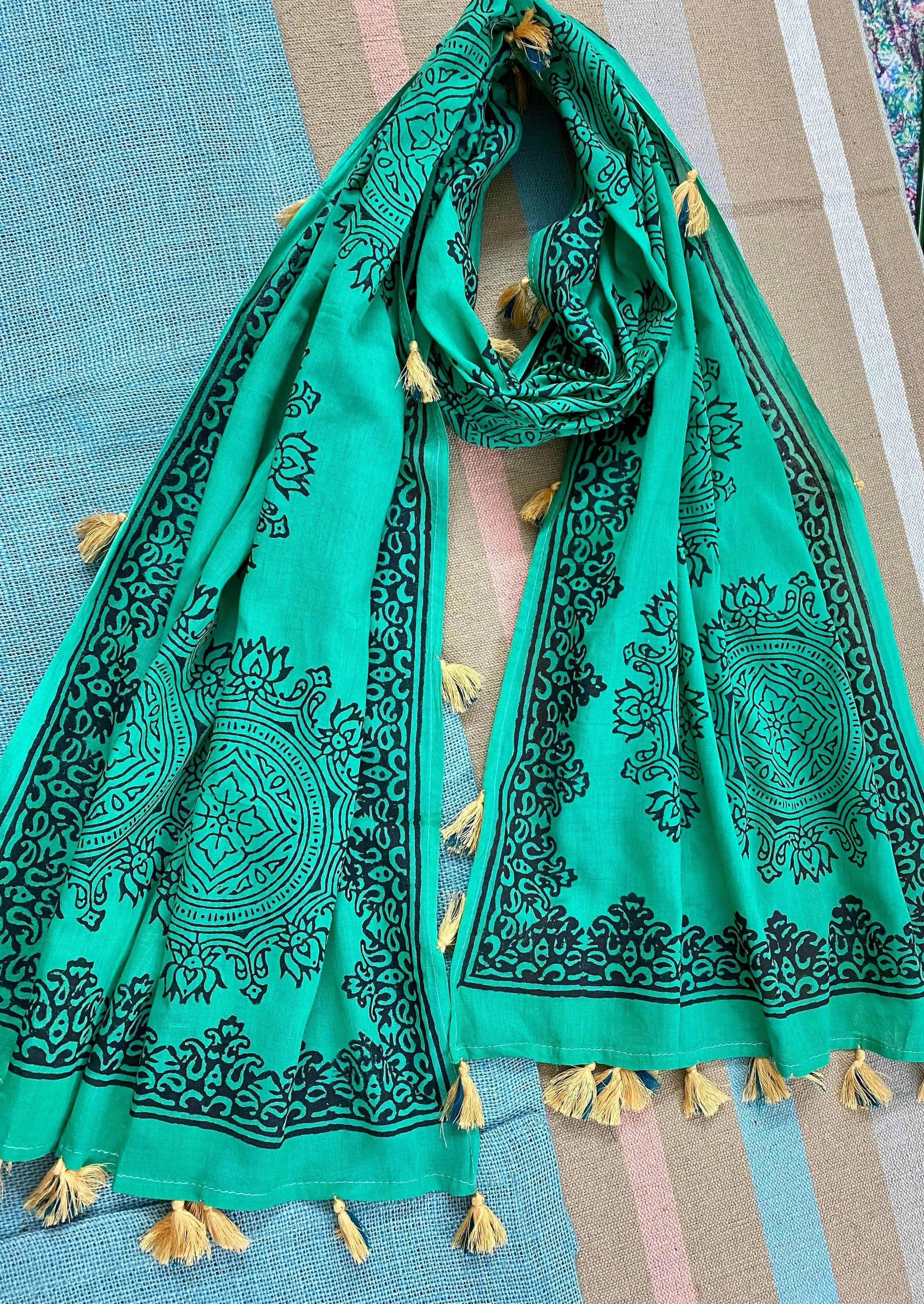 Emerald Elegance Block Printed Muslin Scarf