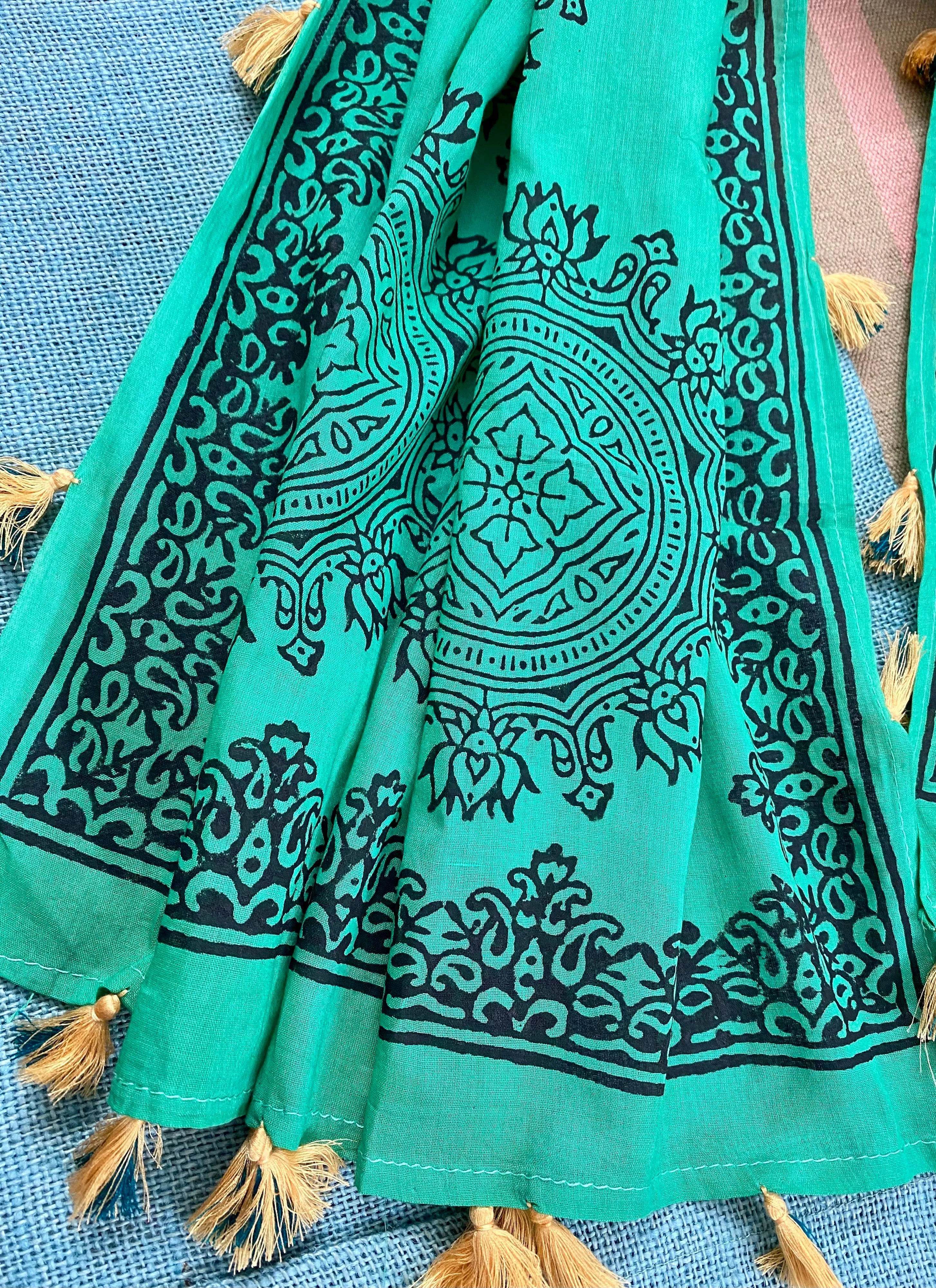 Emerald Elegance Block Printed Muslin Scarf