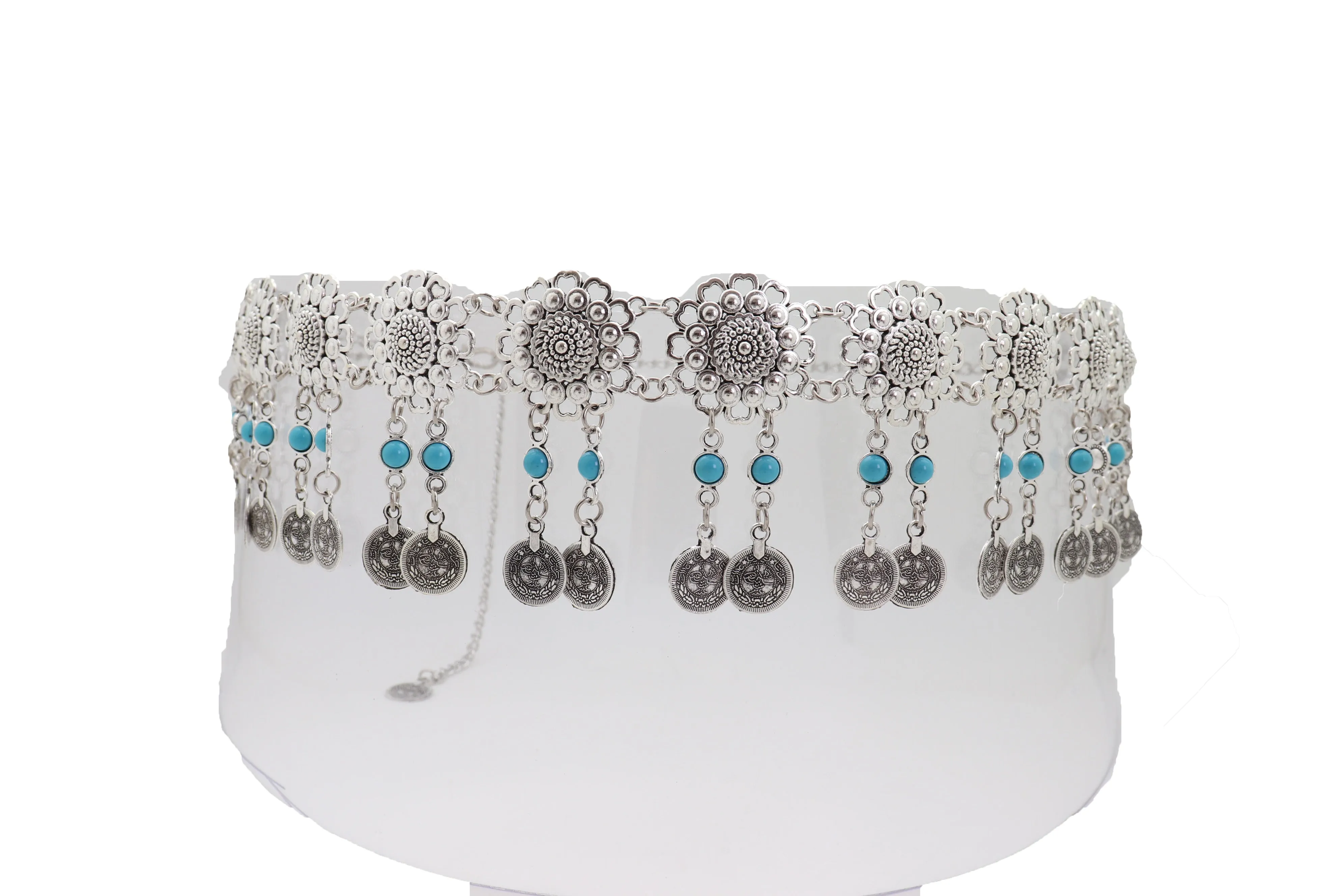Ethnic Fashion Silver Metal Flower Chain Belt Turquoise Blue Beads Fit S M