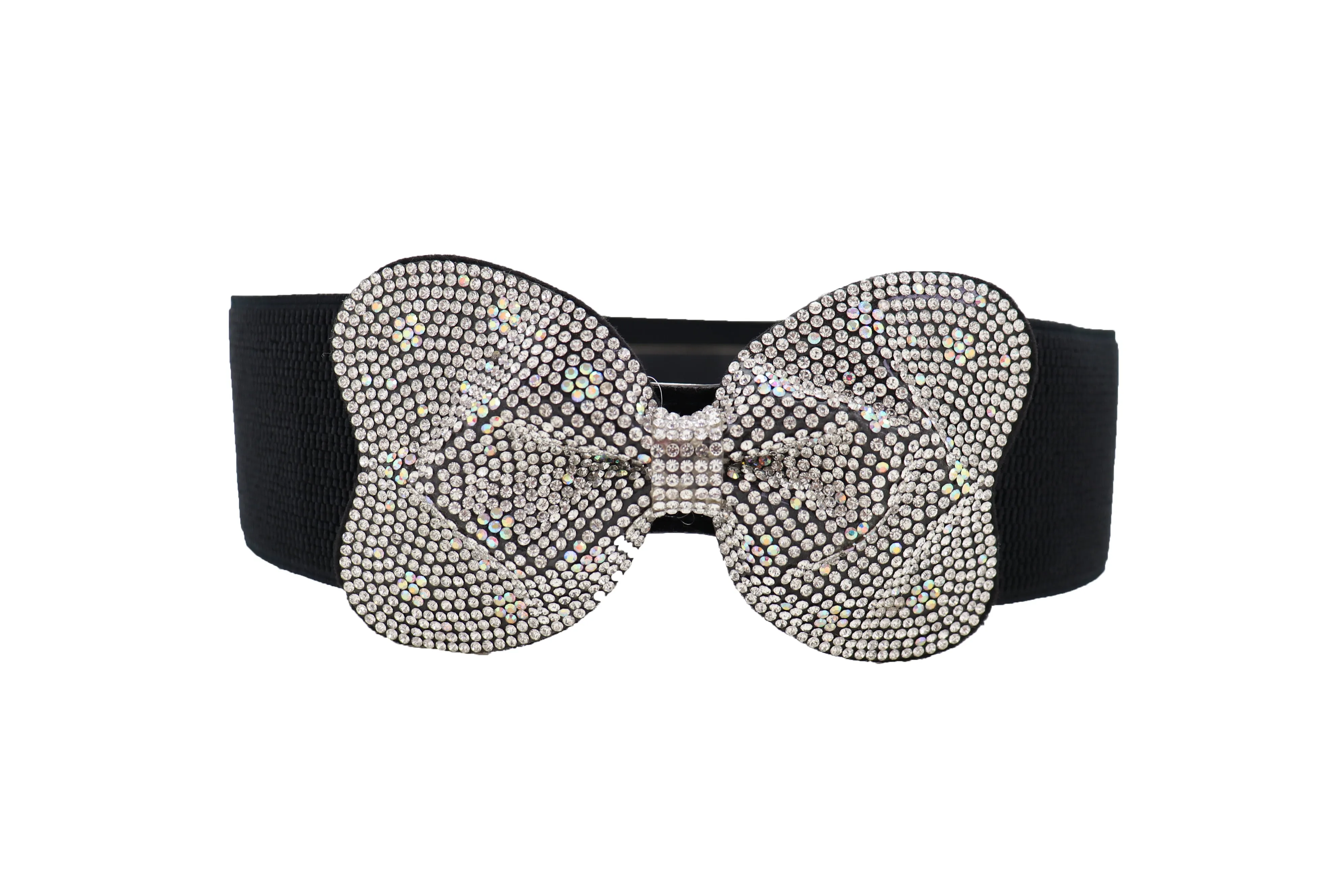 Evening Fashion Belt Black Elastic Waistband Bow Tie Bling Buckle S M L