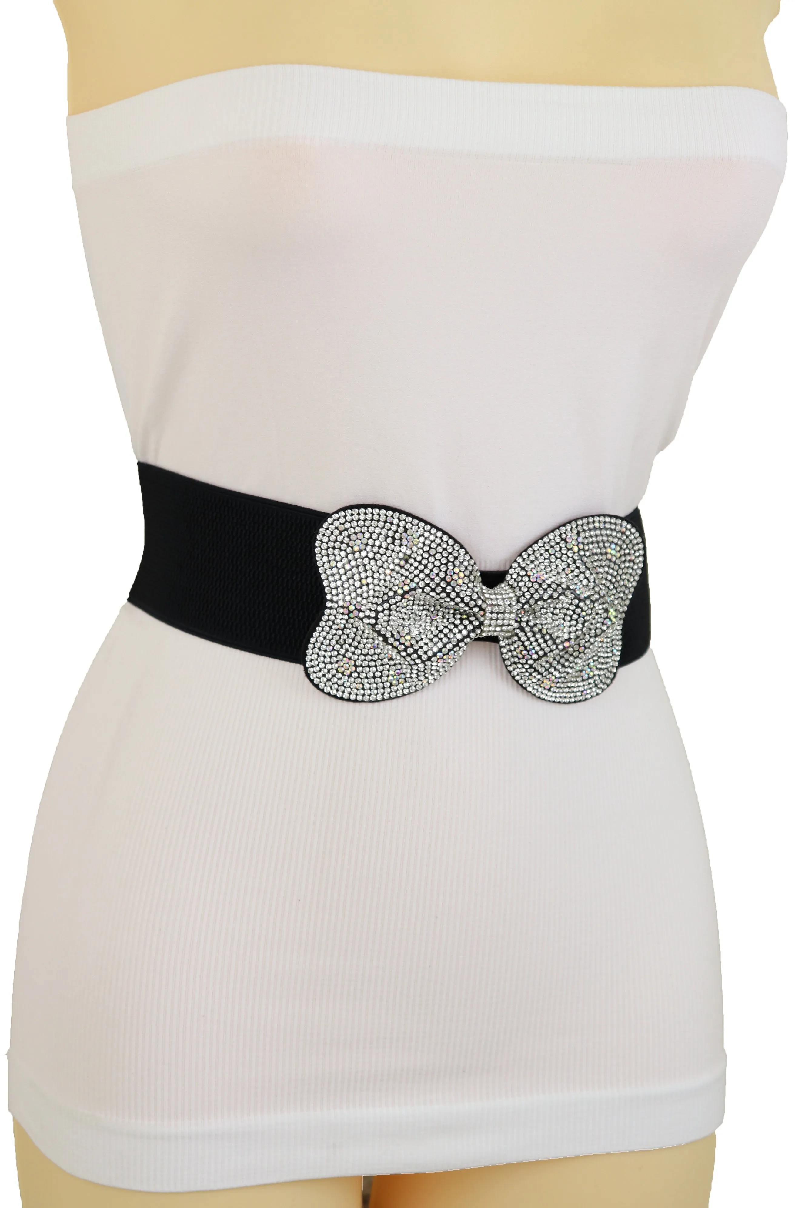 Evening Fashion Belt Black Elastic Waistband Bow Tie Bling Buckle S M L